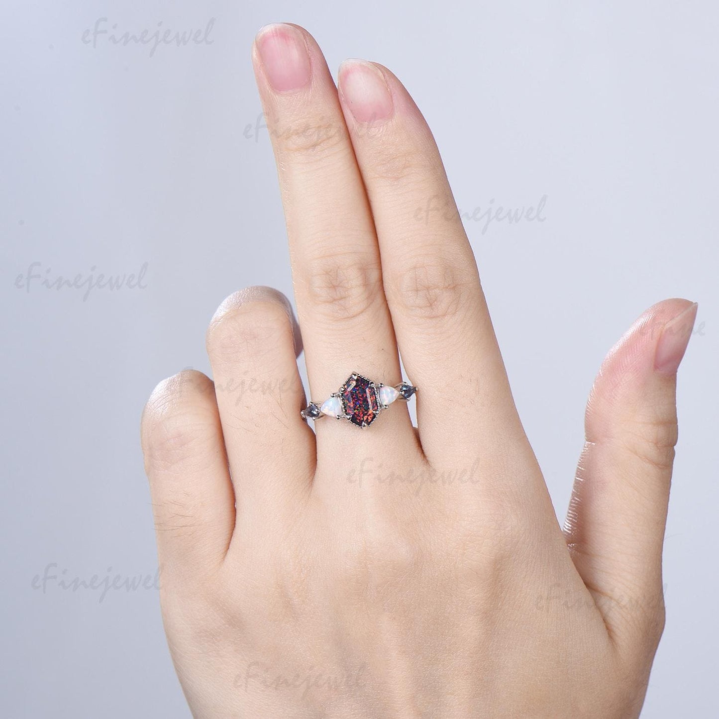 Unique 5X9mm long hexagon black opal engagement ring Five stone triangle white opal kite alexandrite anniversary ring gift for women