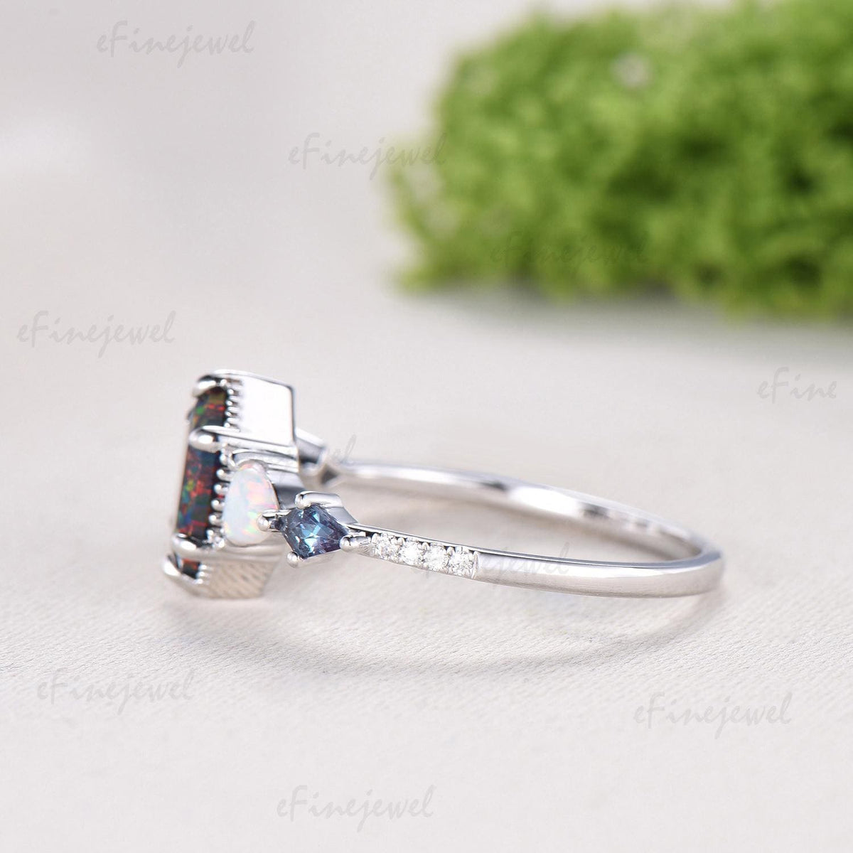 Unique 5X9mm long hexagon black opal engagement ring Five stone triangle white opal kite alexandrite anniversary ring gift for women