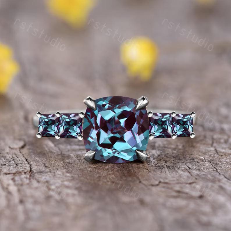 Cushion Cut Alexandrite Engagement Ring, Yellow Gold Five Stone, June Birthstone Promise Ring