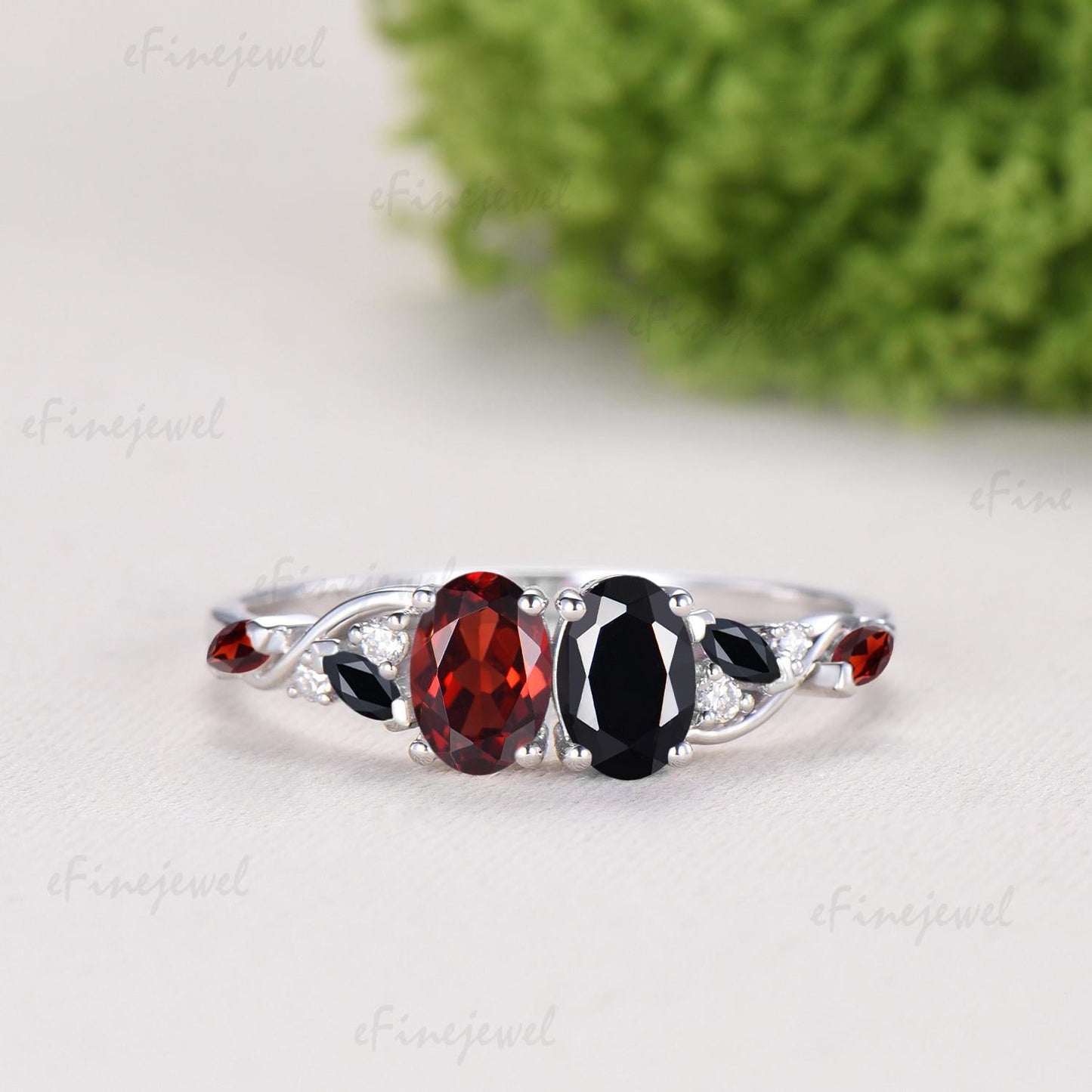 Vintage Oval Cut Garnet Black Onyx Engagement Ring | 14K White Gold Toi et Moi Vine Stacking Band