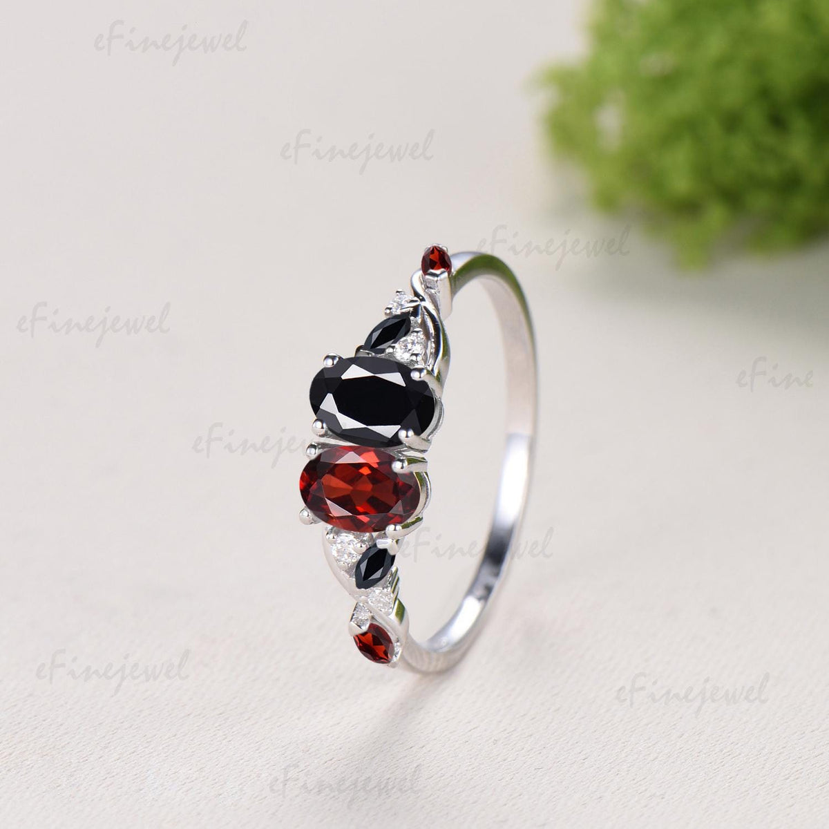 Vintage Oval Cut Garnet Black Onyx Engagement Ring | 14K White Gold Toi et Moi Vine Stacking Band