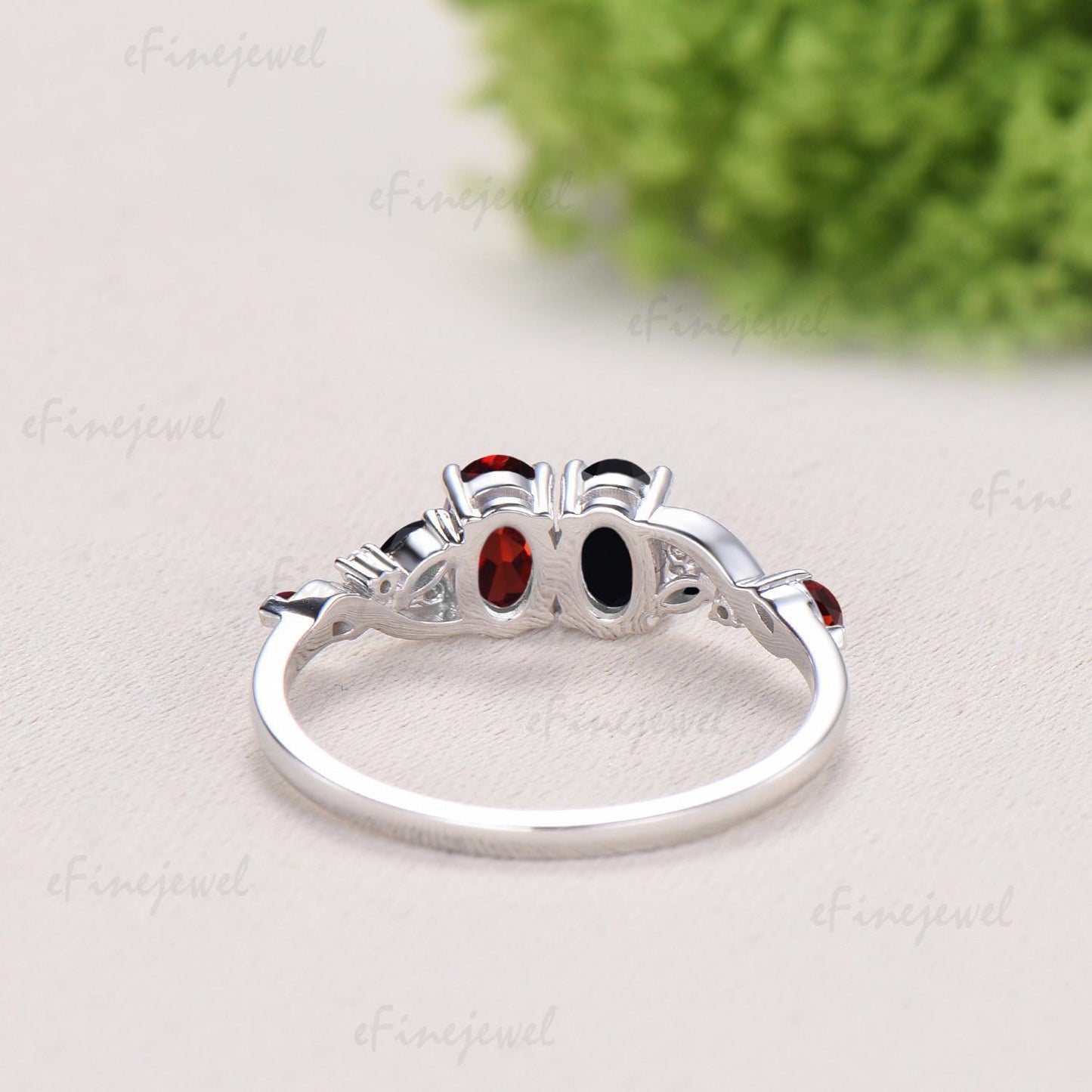 Vintage Oval Cut Garnet Black Onyx Engagement Ring | 14K White Gold Toi et Moi Vine Stacking Band
