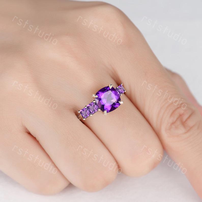 14k Yellow Gold Cushion Amethyst Five Stone Ring, Vintage Princess Wedding Band