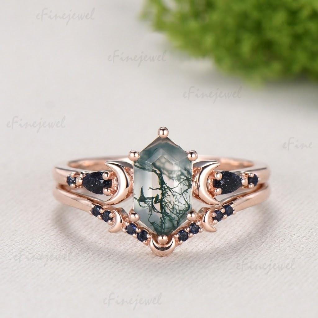 Long Hexagon Moss Agate Engagement Ring, Crescent Moon Blue Sandstone Band, Celestial Jewelry, Unique 14K Rose Gold Wedding Ring Set
