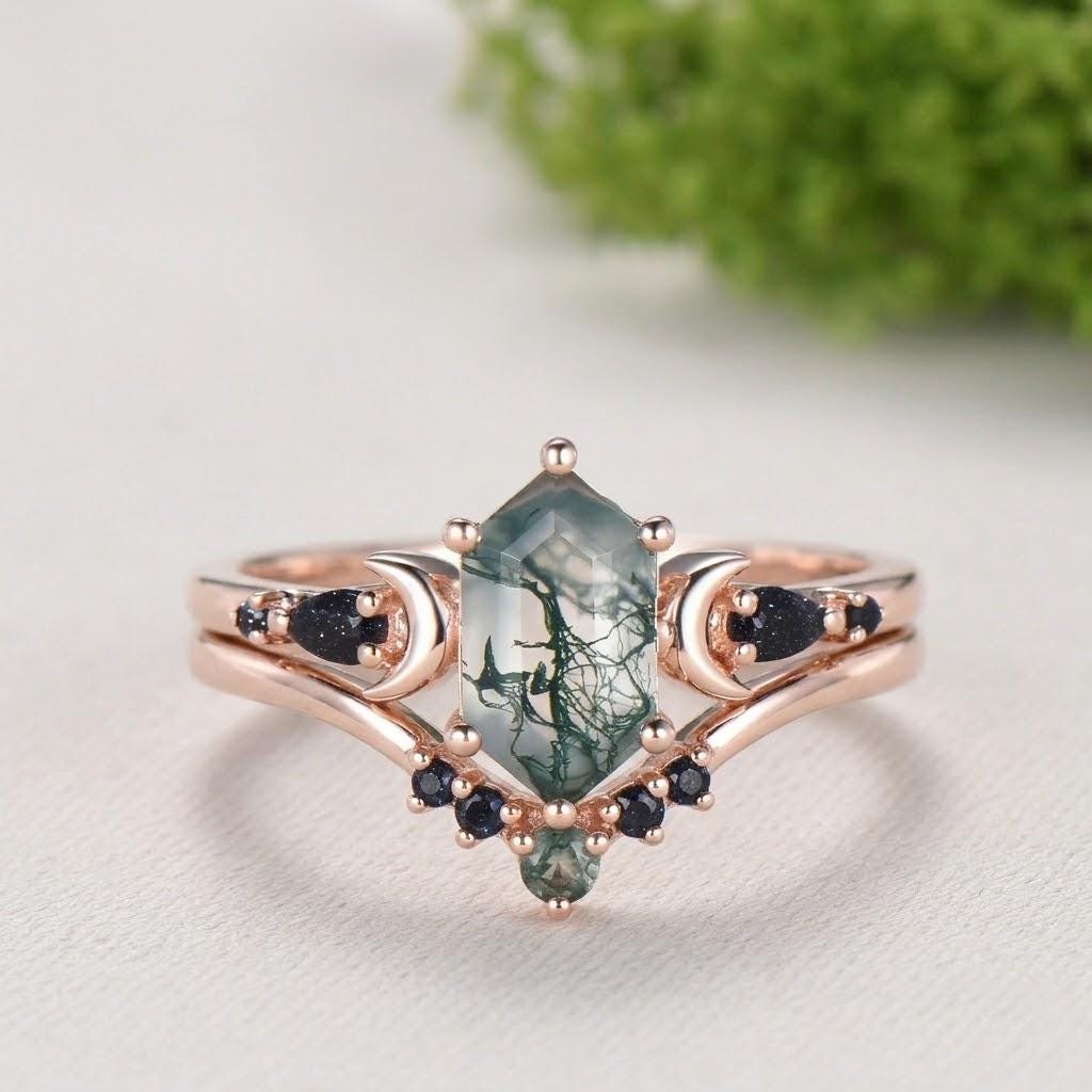 Long Hexagon Moss Agate Engagement Ring, Crescent Moon Blue Sandstone Band, Celestial Jewelry, Unique 14K Rose Gold Wedding Ring Set