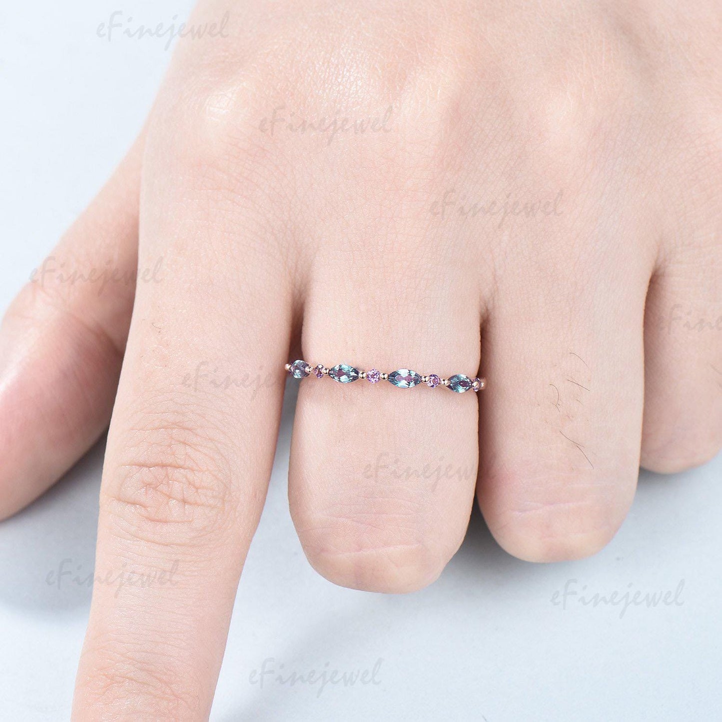 Rose Gold Alexandrite Amethyst Stacking Ring â€?Art Deco Anniversary Band