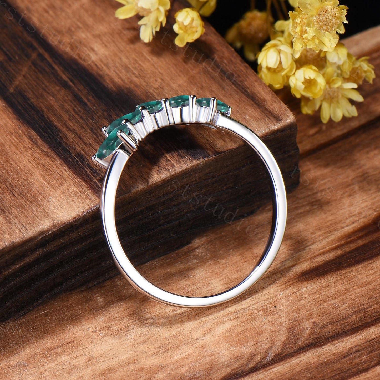 Tear Drop Emerald Wedding Ring, Five Stone Curved Matching Band, May Birthday Gift for Mom
