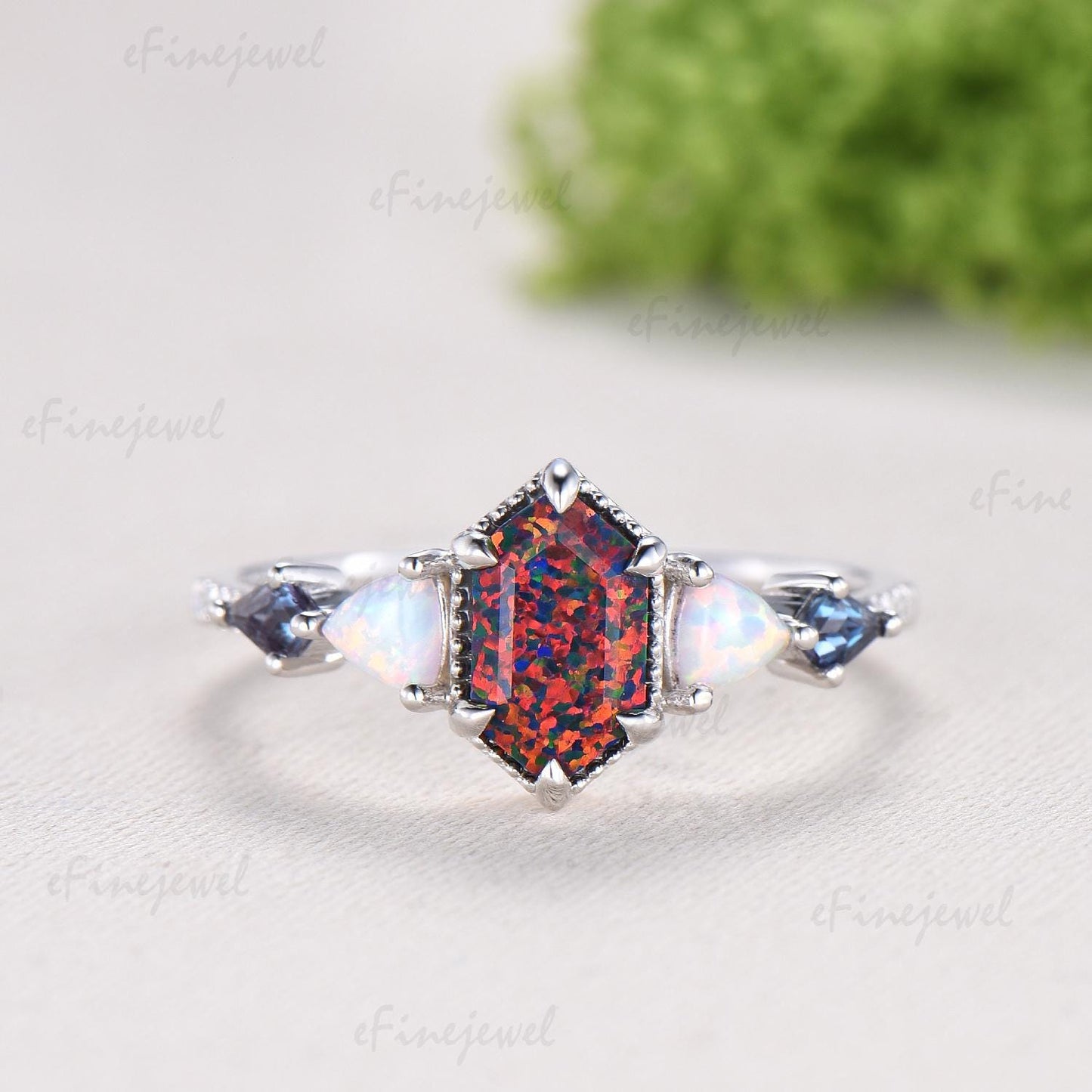 Unique 5X9mm long hexagon black opal engagement ring Five stone triangle white opal kite alexandrite anniversary ring gift for women
