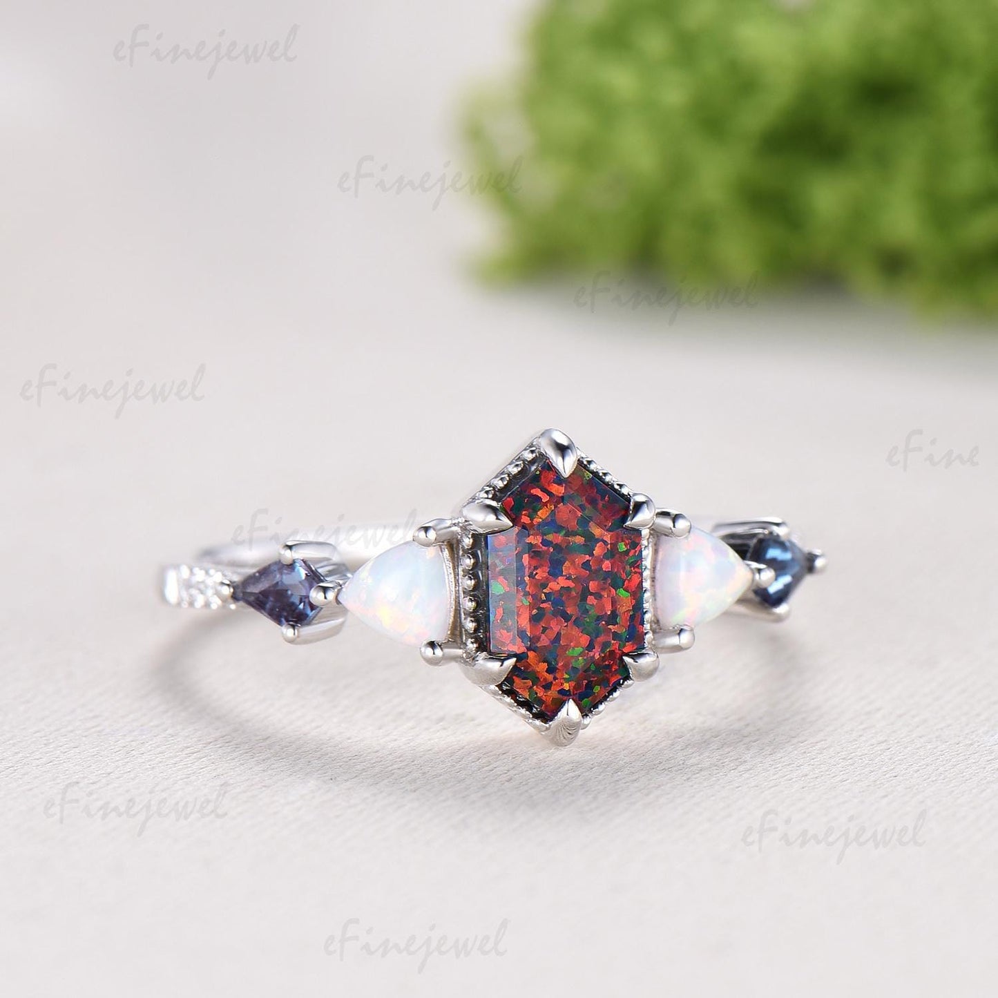 Unique 5X9mm long hexagon black opal engagement ring Five stone triangle white opal kite alexandrite anniversary ring gift for women