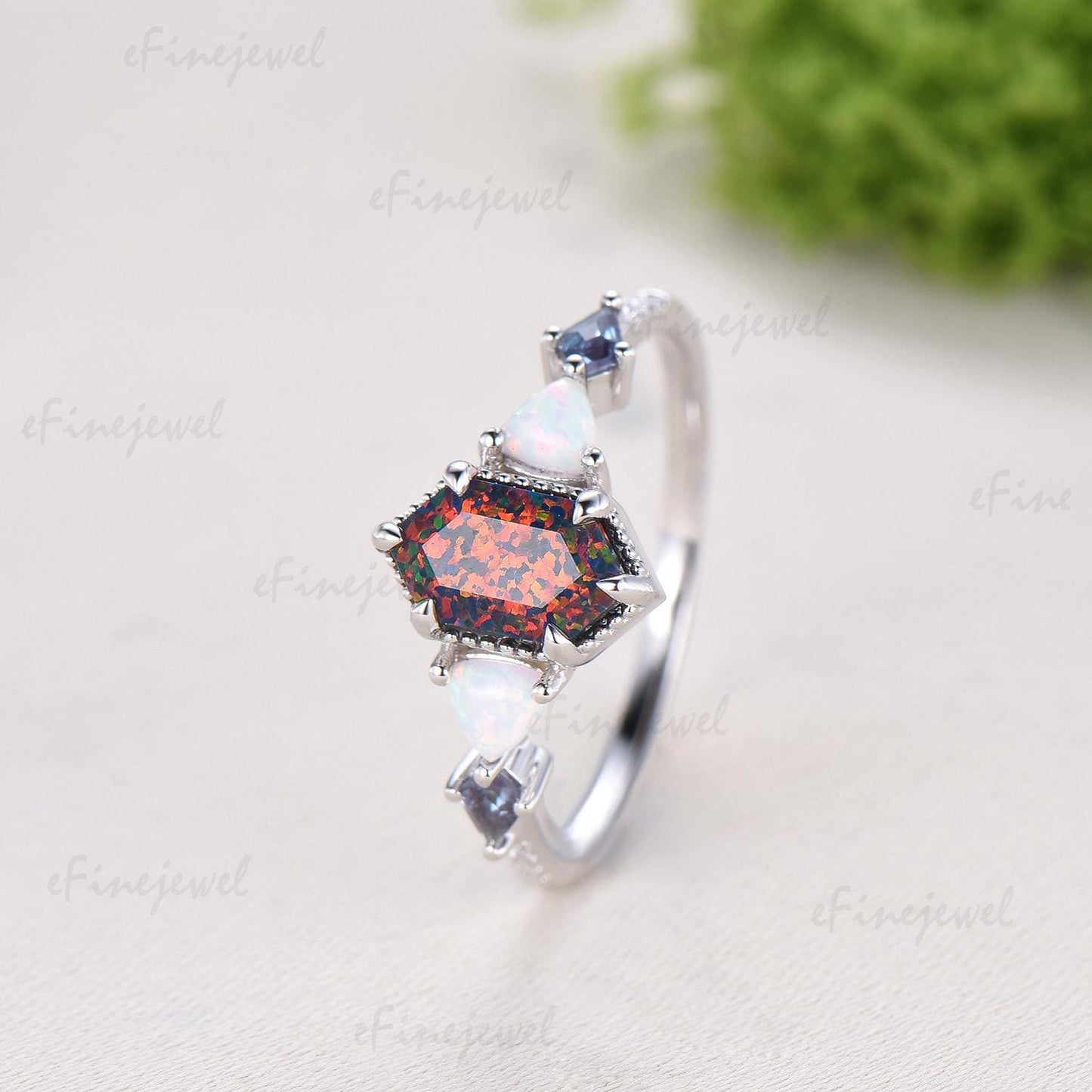 Unique 5X9mm long hexagon black opal engagement ring Five stone triangle white opal kite alexandrite anniversary ring gift for women
