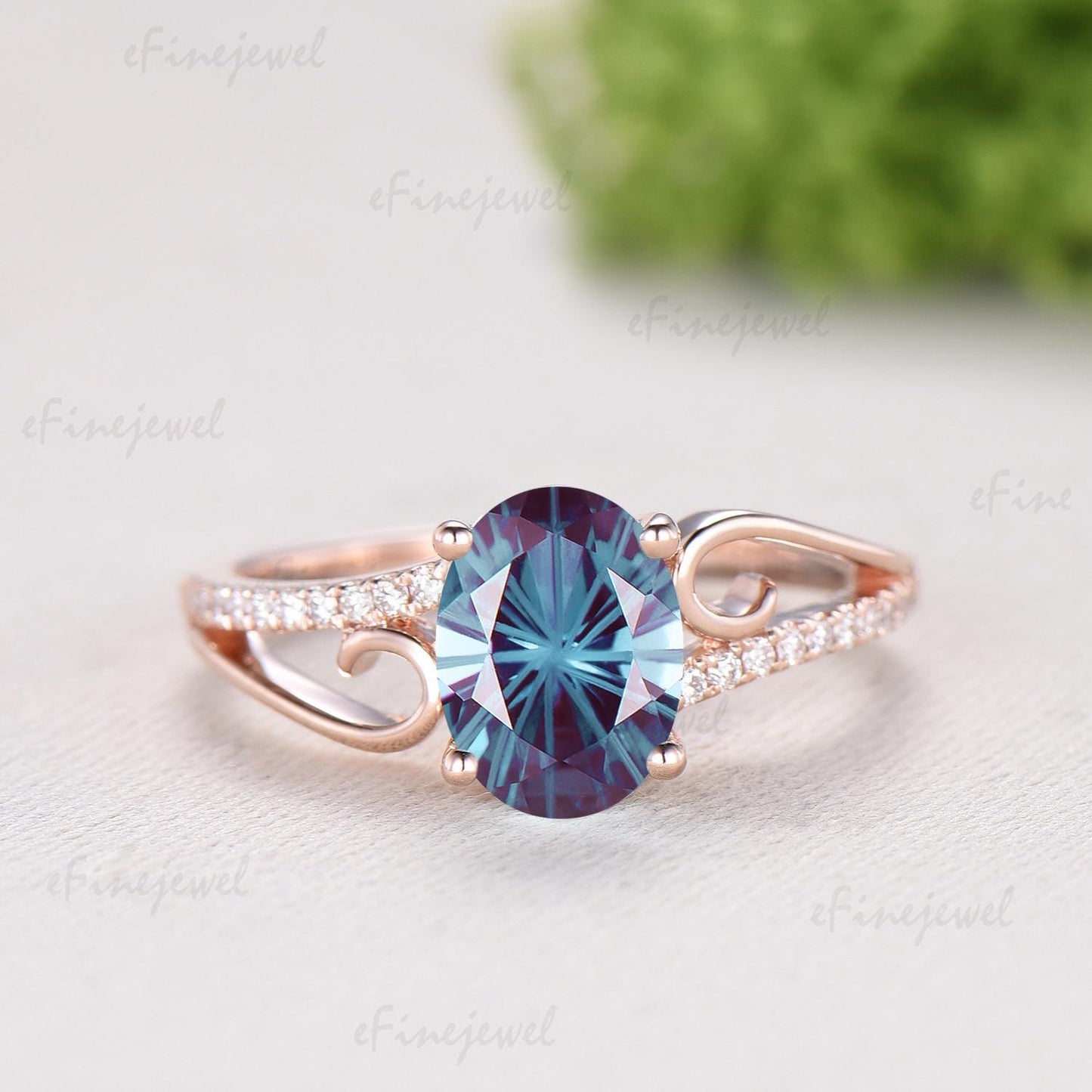 Retro Oval Cut Firework Cut Alexandrite Engagement Ring, 14K Rose Gold Color Change Stone Promise Ring