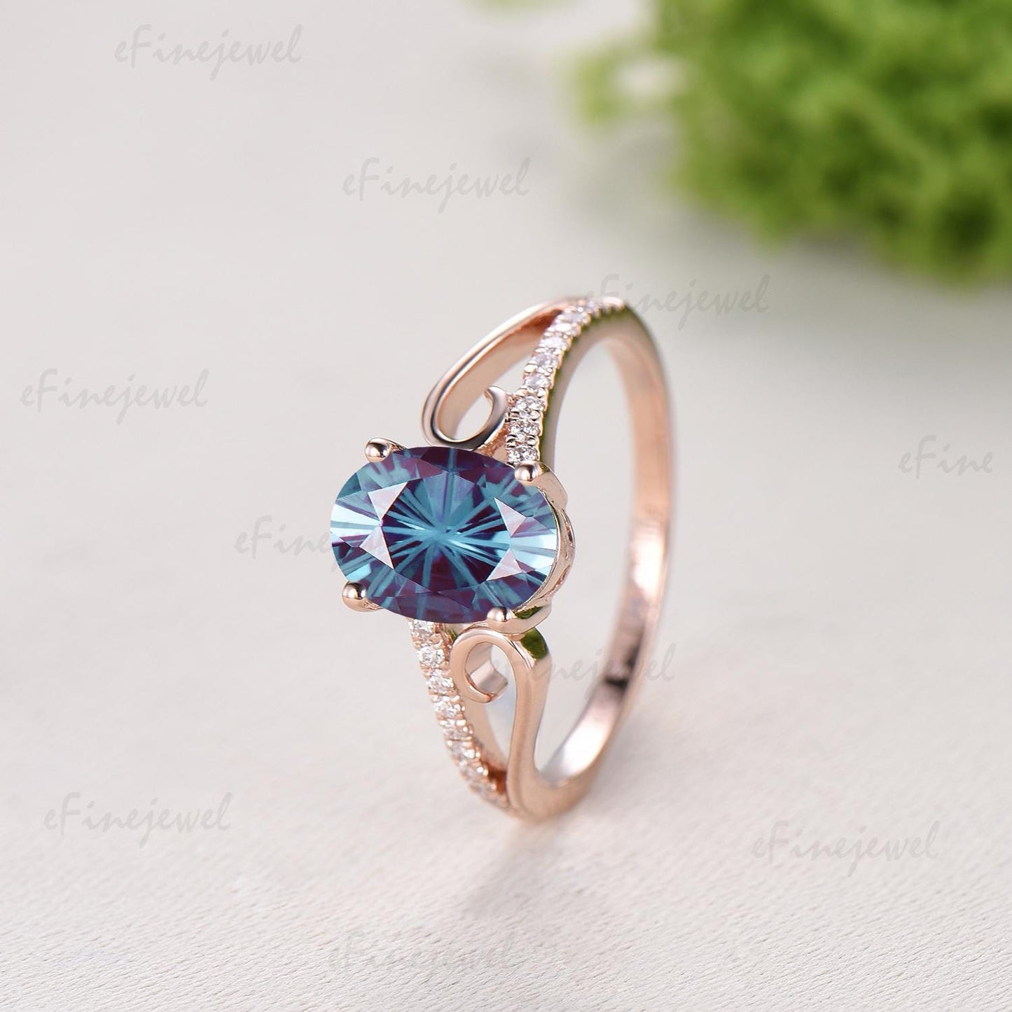 Retro Oval Cut Firework Cut Alexandrite Engagement Ring, 14K Rose Gold Color Change Stone Promise Ring