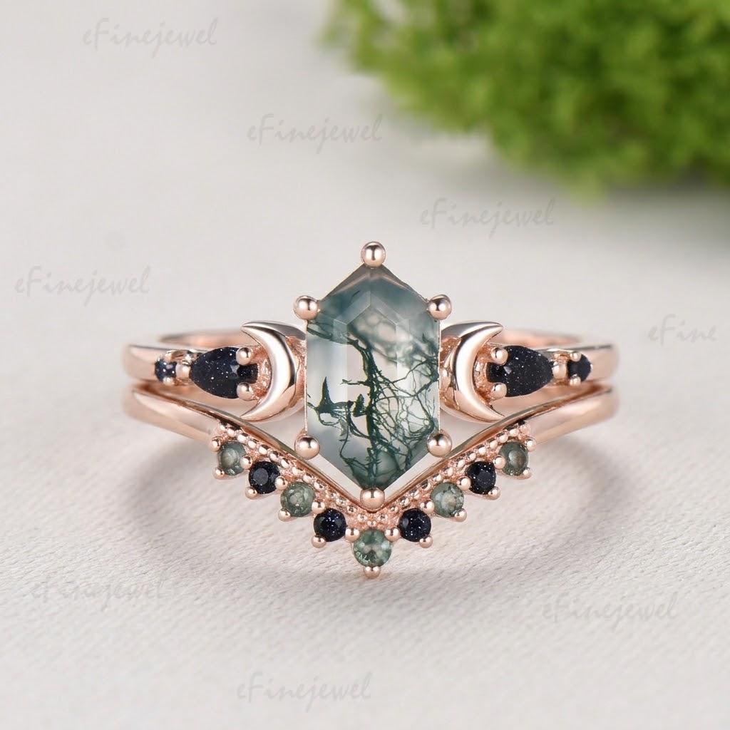 Long Hexagon Moss Agate Engagement Ring, Crescent Moon Blue Sandstone Band, Celestial Jewelry, Unique 14K Rose Gold Wedding Ring Set