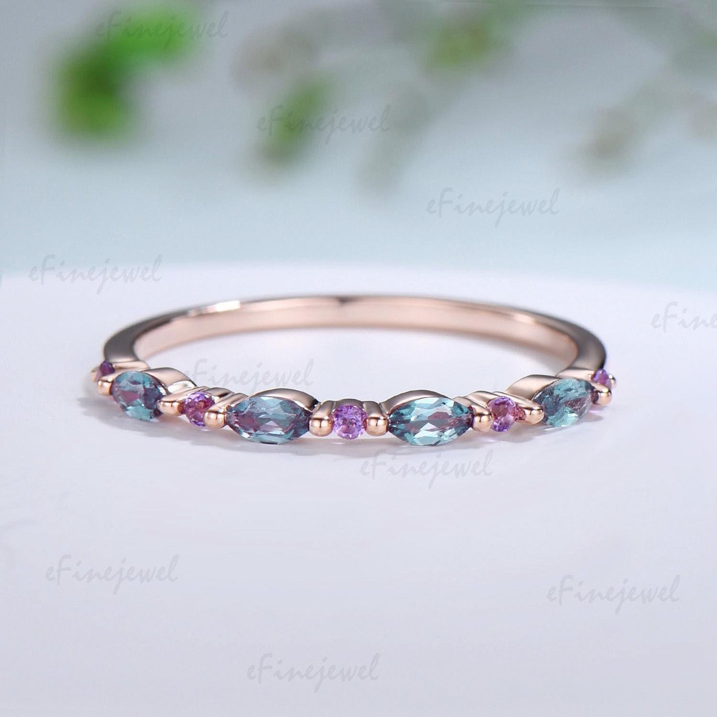 Rose Gold Alexandrite Amethyst Stacking Ring â€?Art Deco Anniversary Band