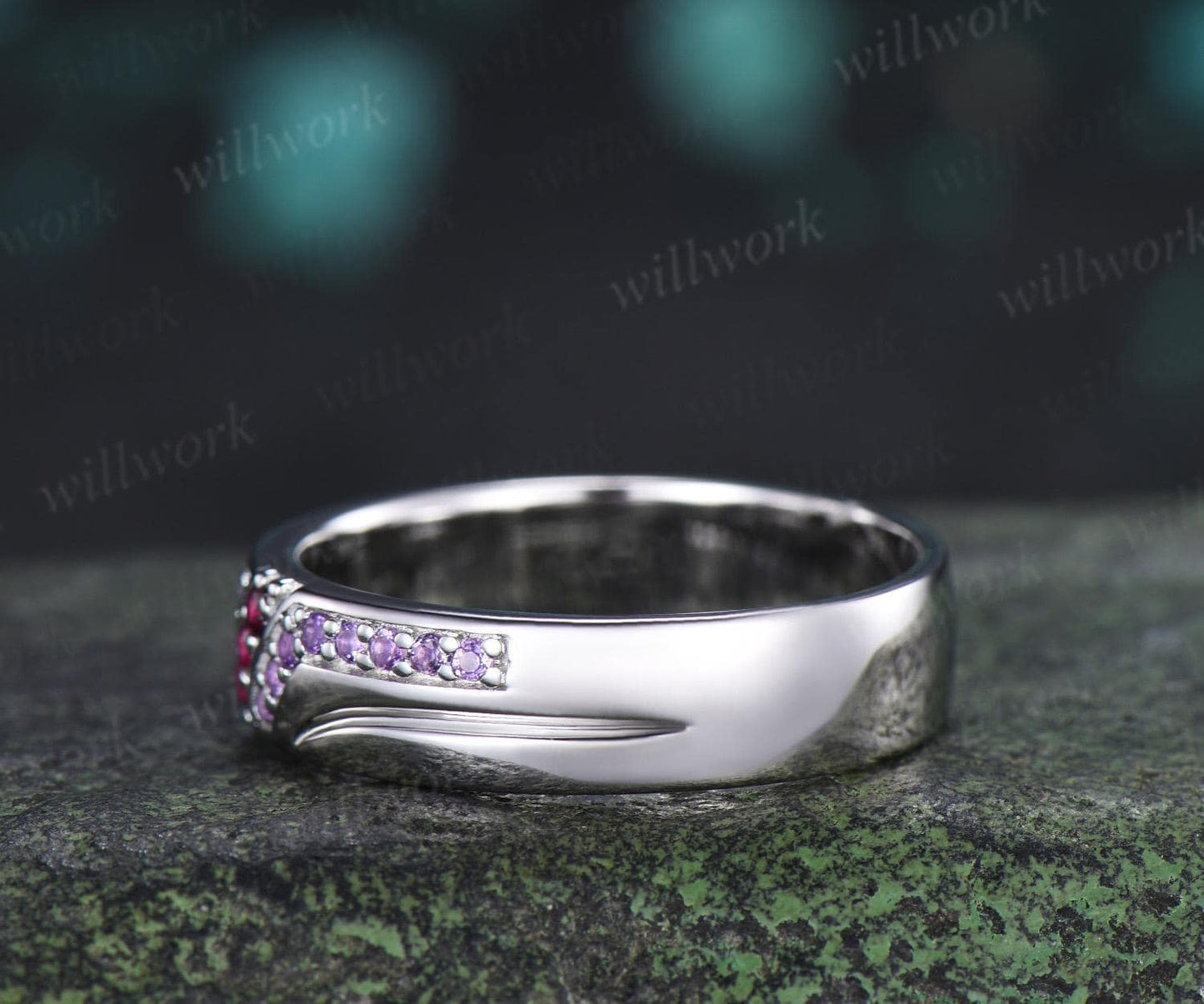 Unique red ruby amethyst mens wedding band 14k white gold men handsome man rings matching band anniversary gift