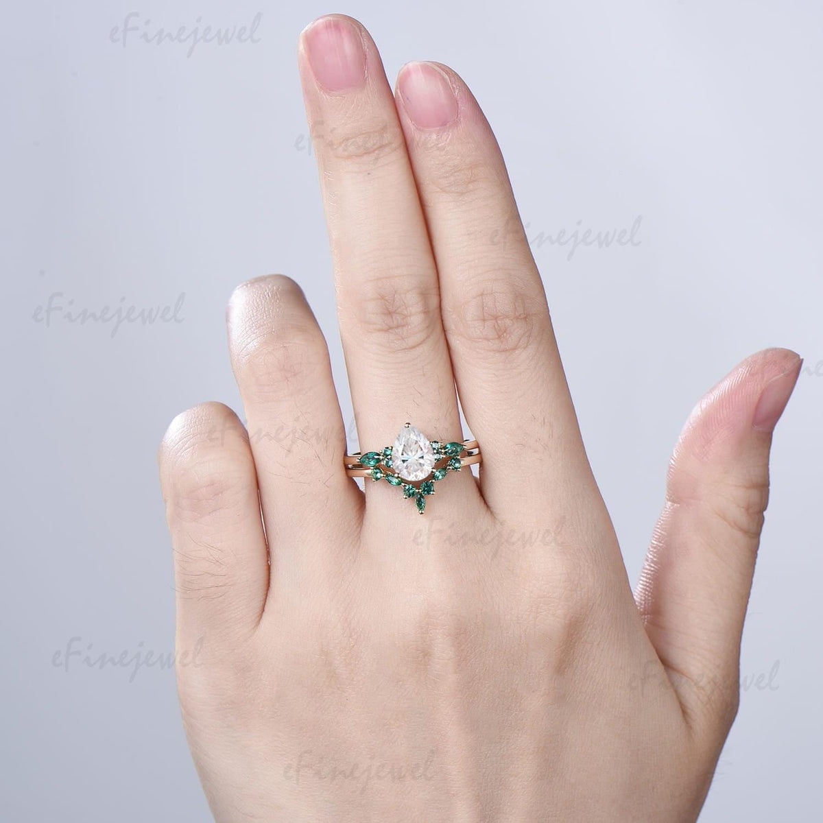 Vintage Pear Shaped Lab Grown Diamond&Moissanite Engagement Ring Set, Art Deco Marquise Emerald Wedding Band, 14K Yellow Gold Bridal Set