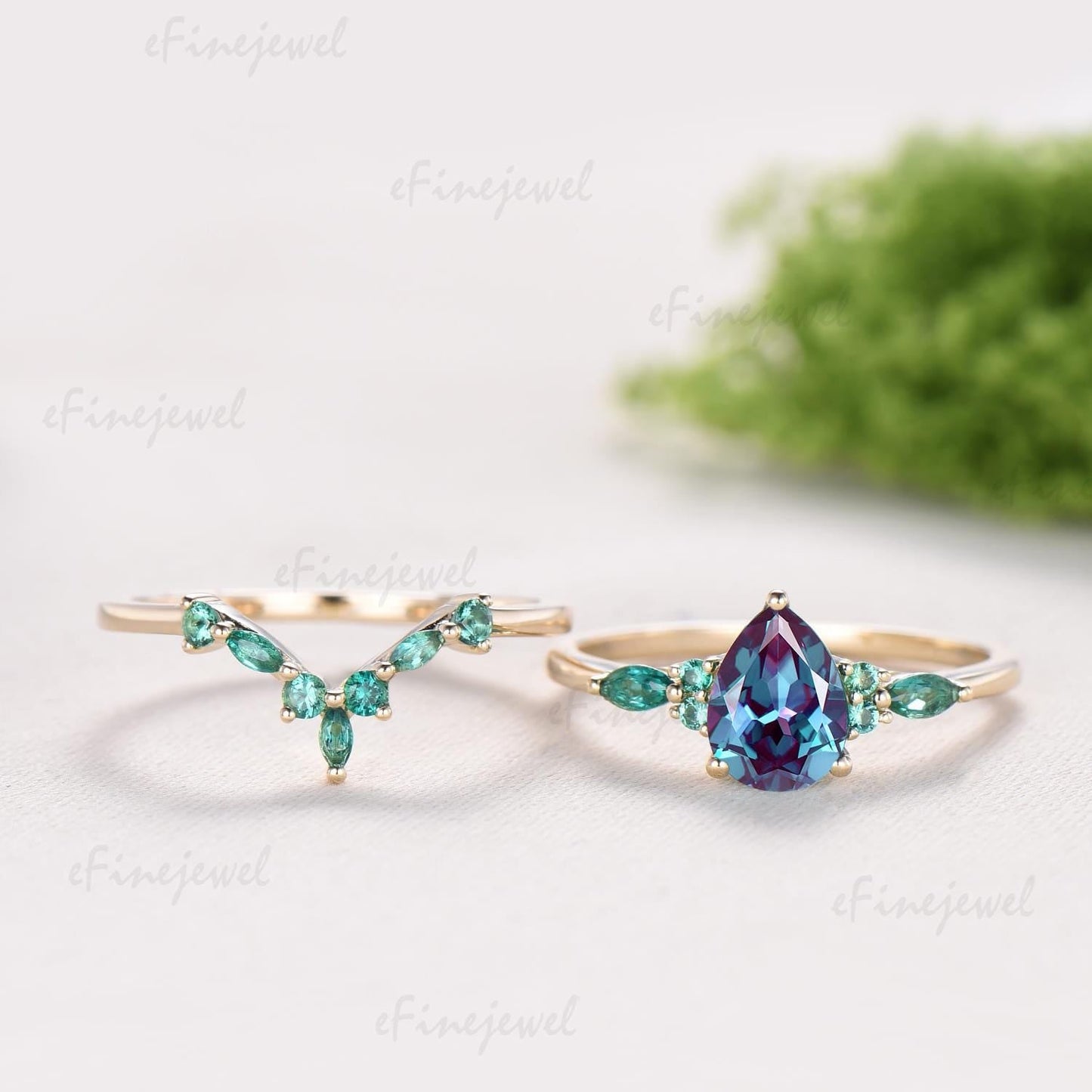 Pear Alexandrite Engagement Ring Set, Art Deco Marquise Emerald Wedding Band, Color Change Gemstone Bridal Set