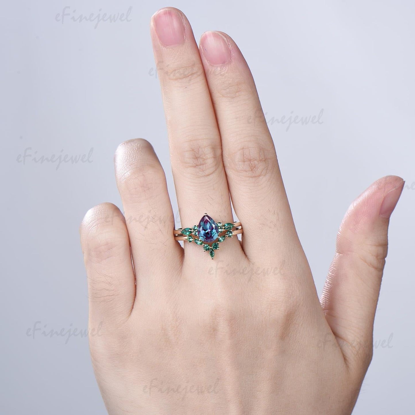 Pear Alexandrite Engagement Ring Set, Art Deco Marquise Emerald Wedding Band, Color Change Gemstone Bridal Set