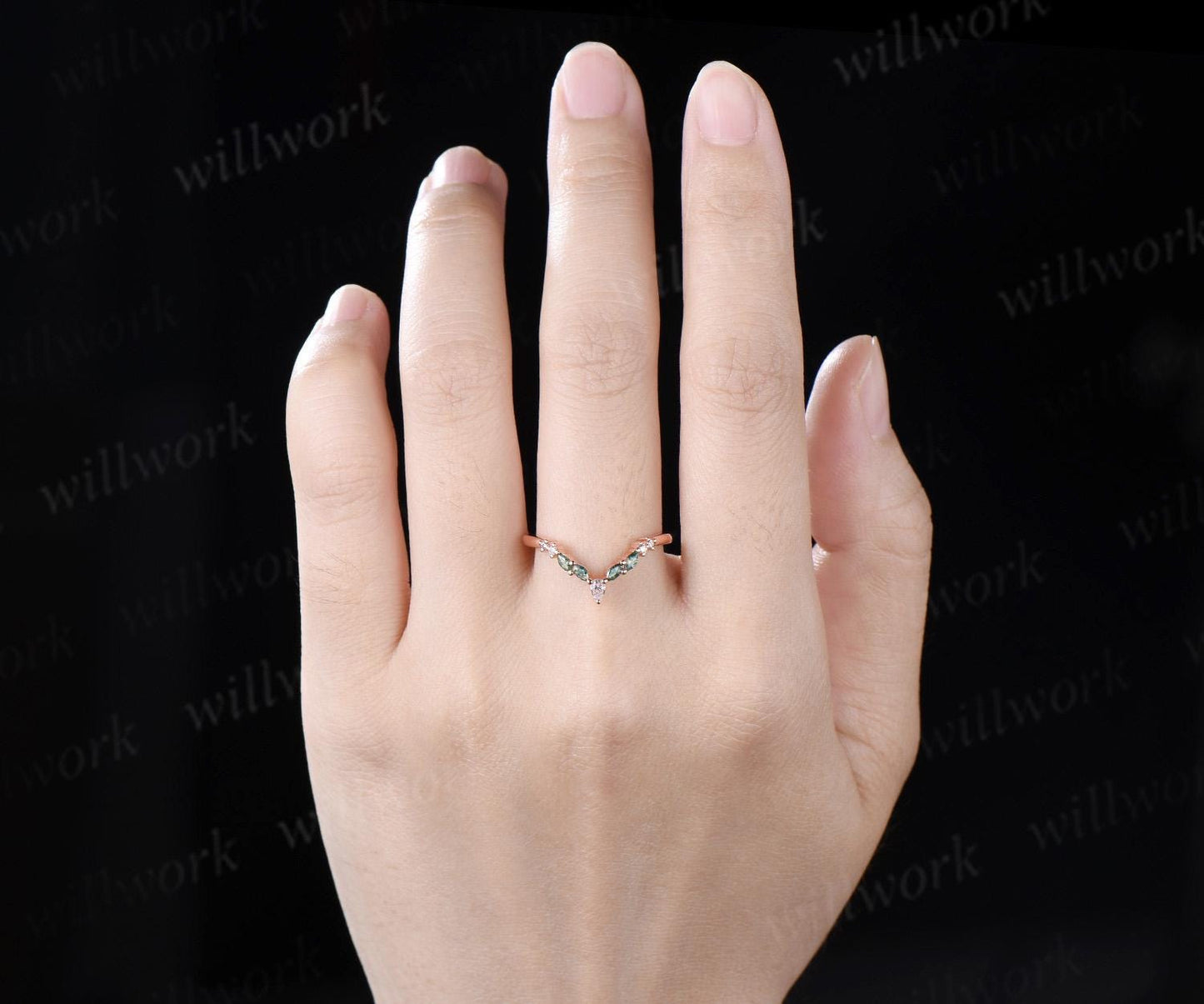 Marquise moss agate curved wedding band 14k rose gold pear moissanite matching stacking bridal wedding ring women gift