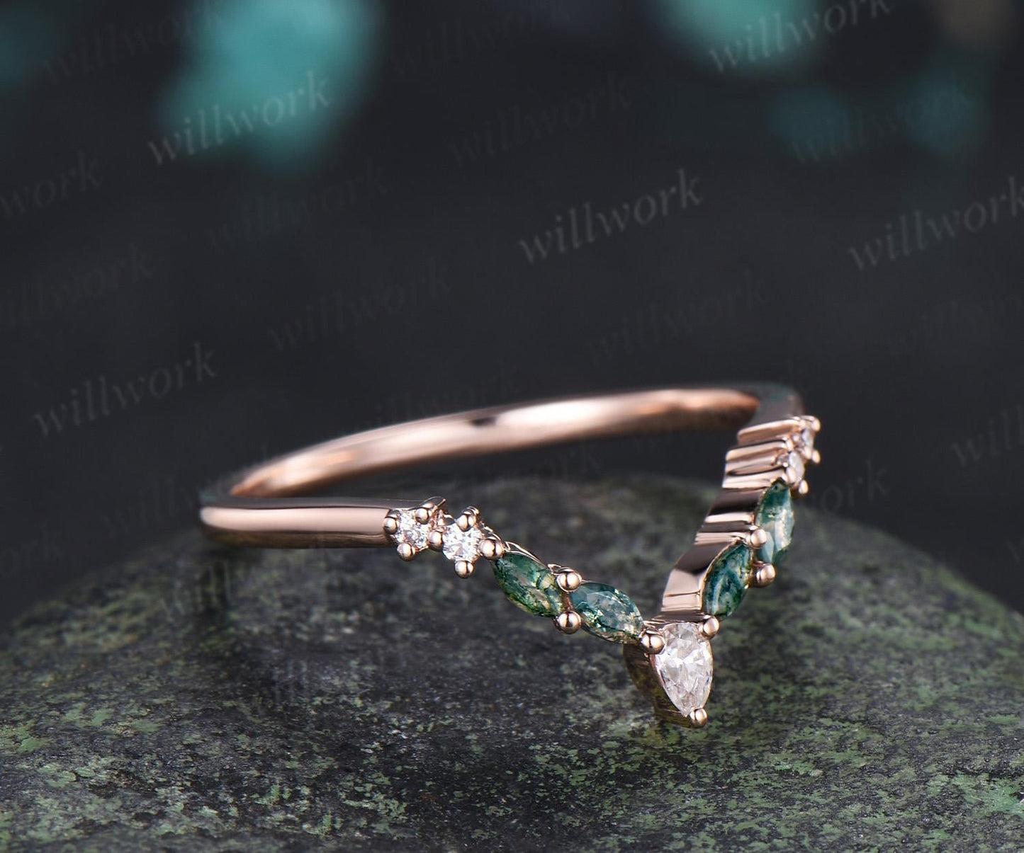 Marquise moss agate curved wedding band 14k rose gold pear moissanite matching stacking bridal wedding ring women gift