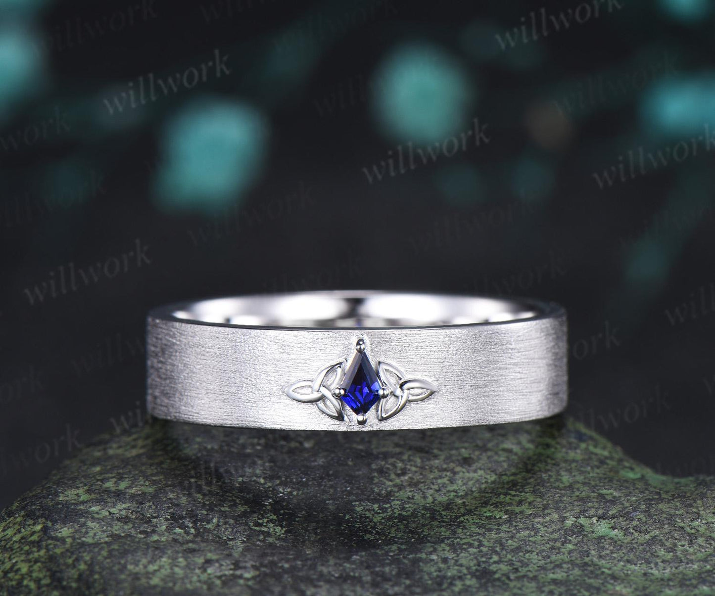 Kite sapphire celtic knot wedding band mens brushed bridal ring 14k white gold retro anniversary gift silver