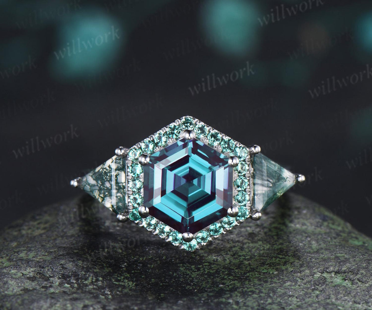 2ct hexagon cut alexandrite engagement ring 14k white gold halo emerald trillion moss agate promise wedding ring women silver