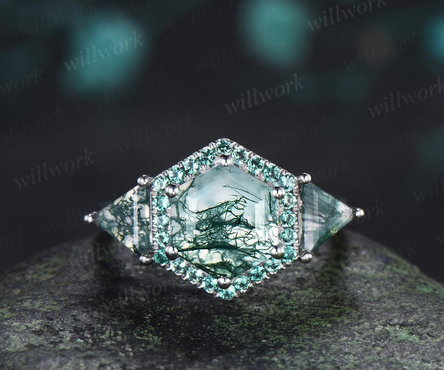 2ct hexagon trillion cut moss agate engagement ring 14k white gold halo emerald promise wedding ring women silver
