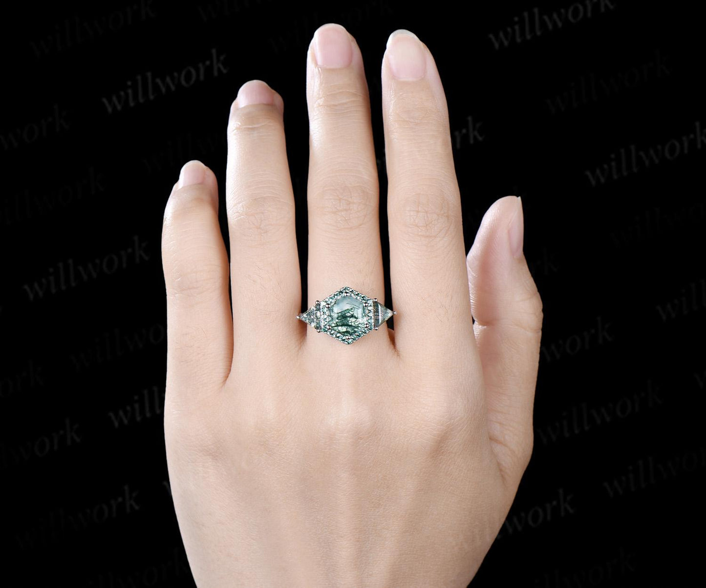 2ct hexagon trillion cut moss agate engagement ring 14k white gold halo emerald promise wedding ring women silver