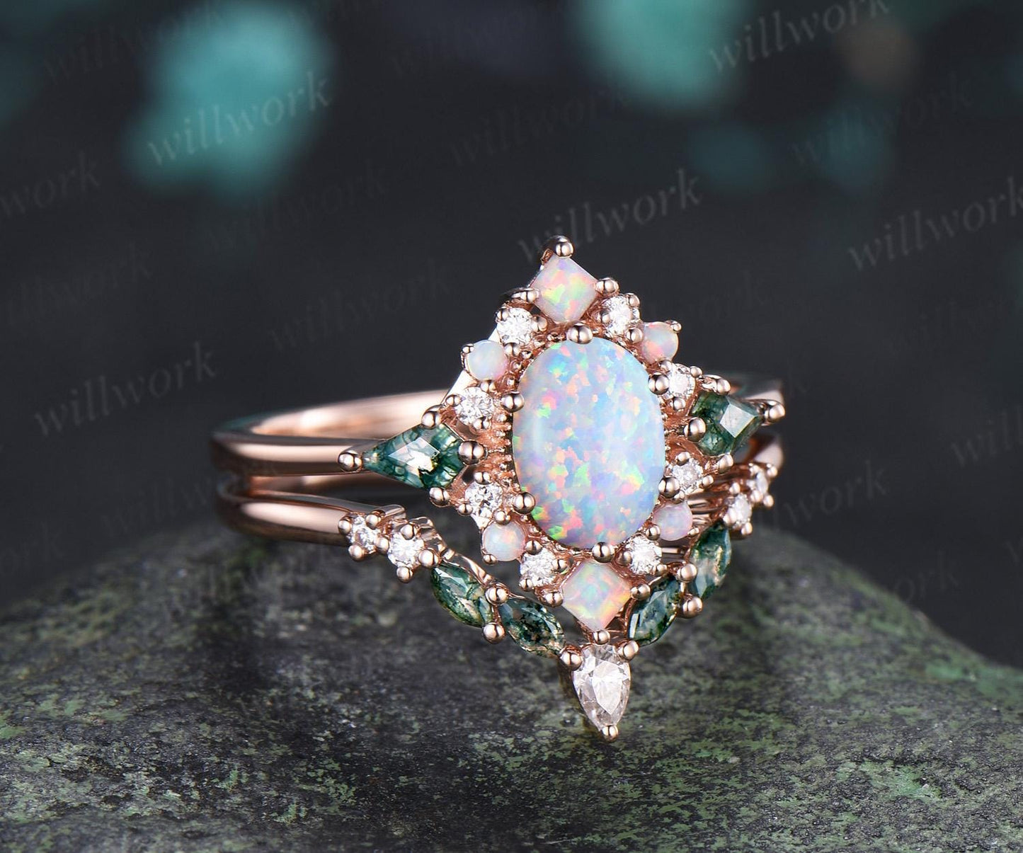 Oval opal engagement ring 14k rose gold kite moss agate square opal halo unique promise wedding ring set women silver