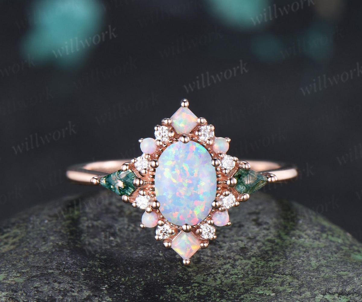 Oval opal engagement ring 14k rose gold kite moss agate square opal halo unique promise wedding ring set women silver