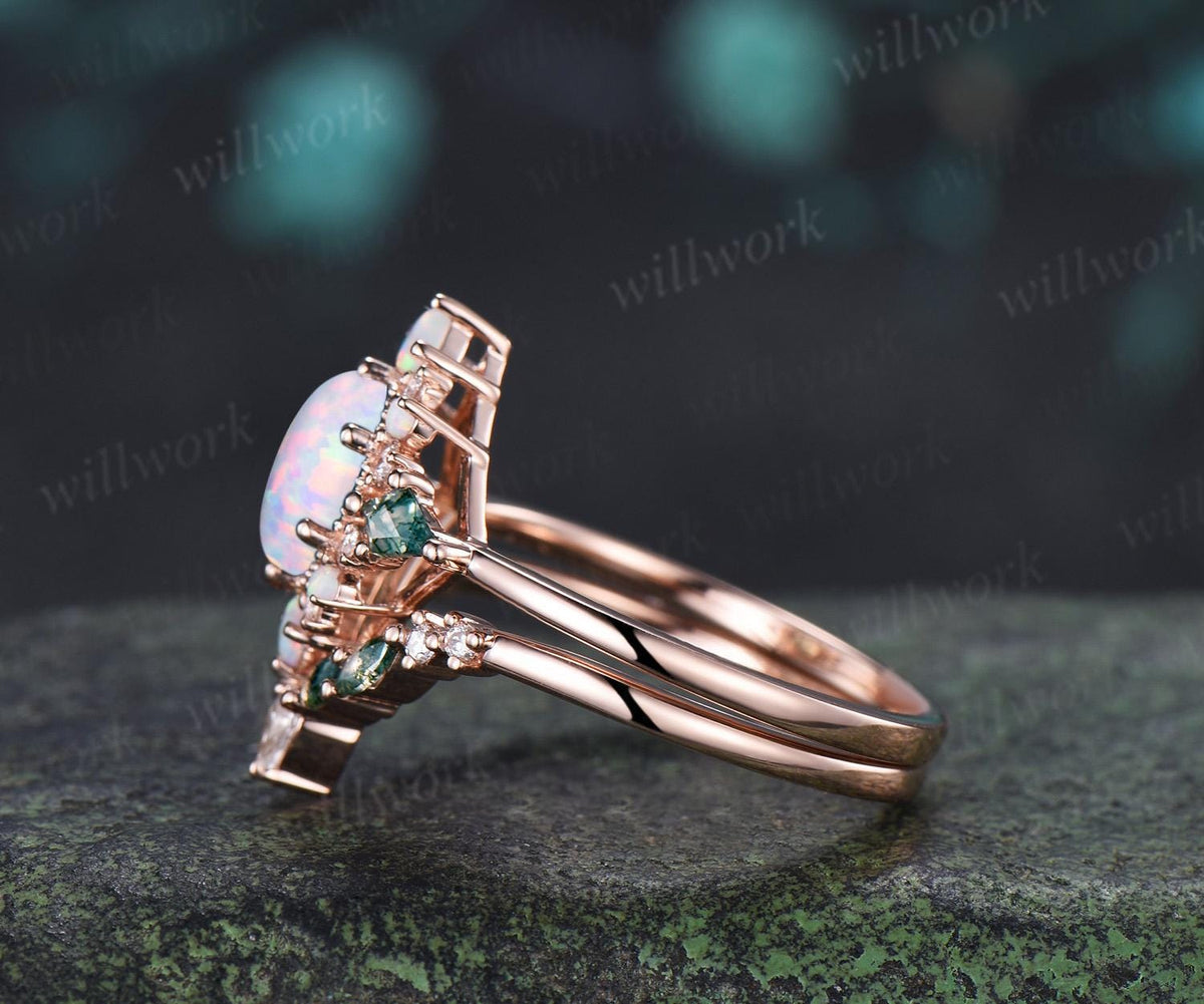 Oval opal engagement ring 14k rose gold kite moss agate square opal halo unique promise wedding ring set women silver