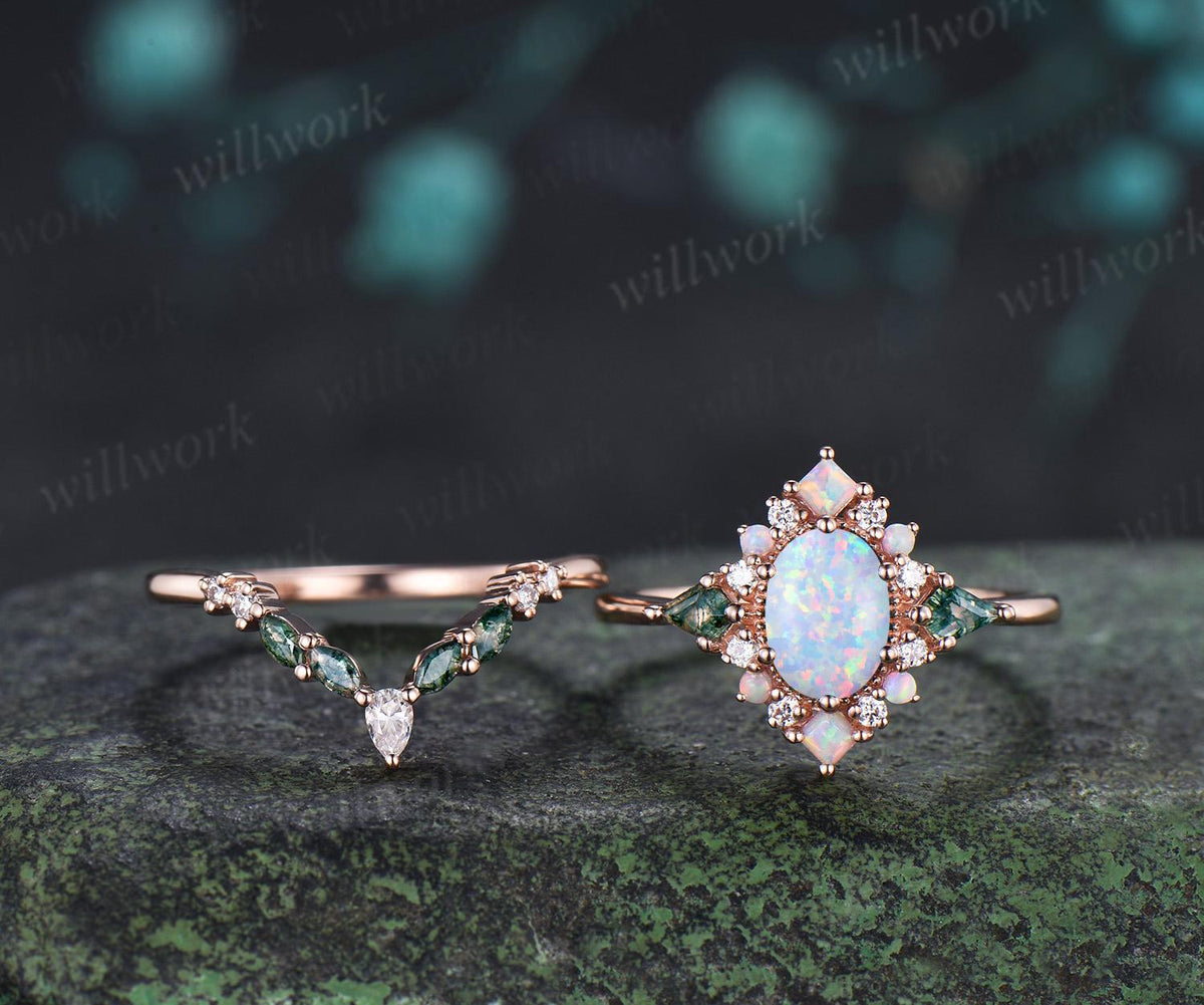 Oval opal engagement ring 14k rose gold kite moss agate square opal halo unique promise wedding ring set women silver