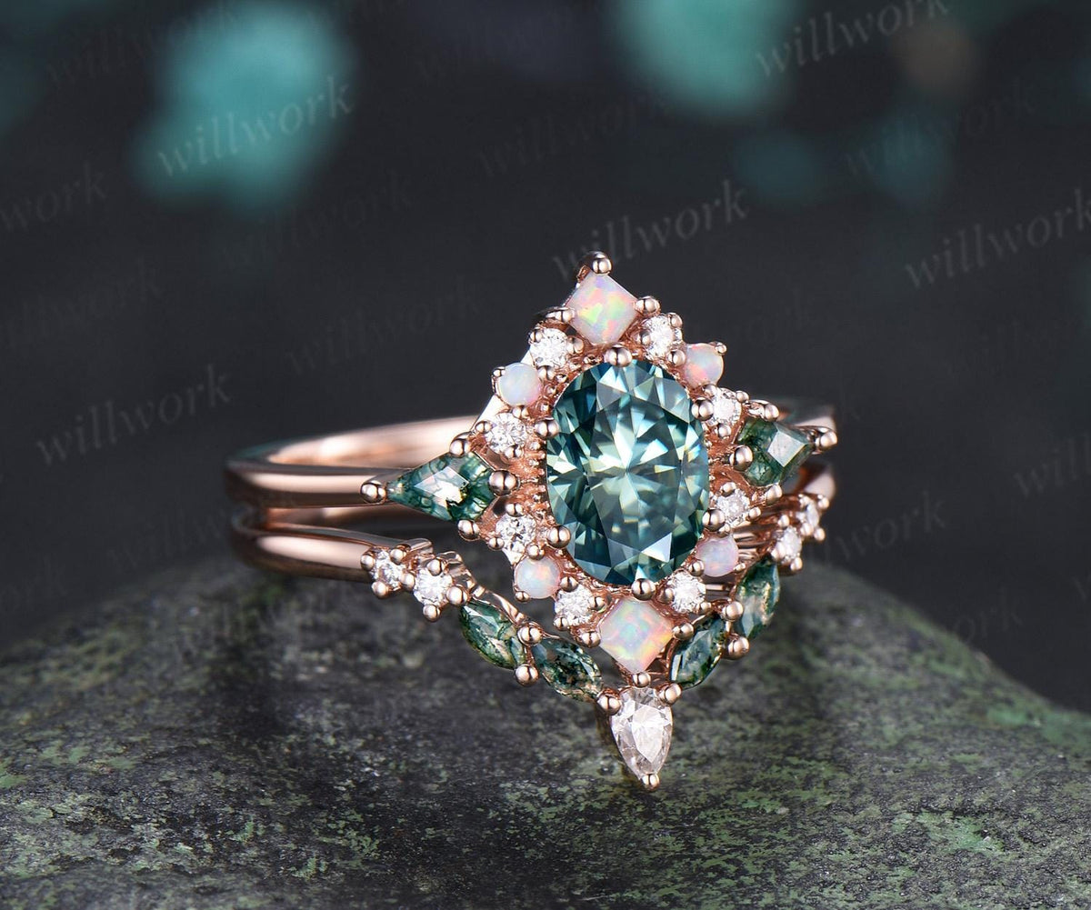 Oval green moissanite engagement ring 14k rose gold kite moss agate square opal halo unique bridal wedding ring set women silver