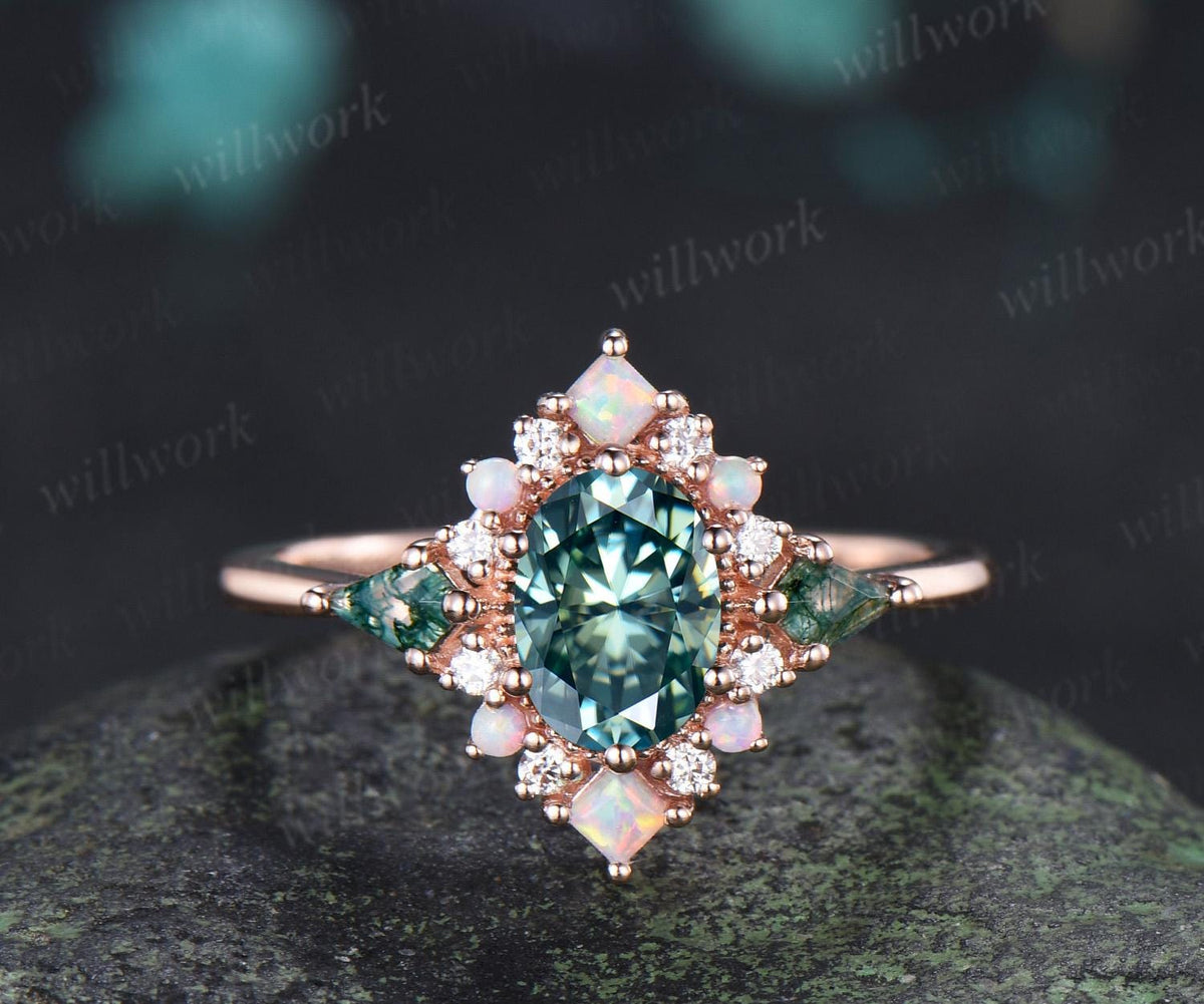 Oval green moissanite engagement ring 14k rose gold kite moss agate square opal halo unique bridal wedding ring set women silver