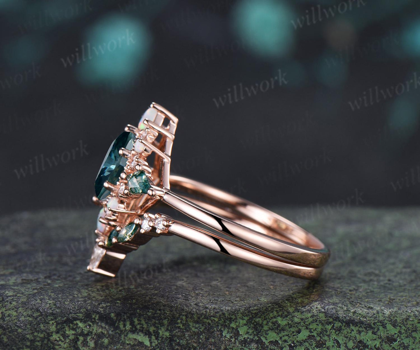 Oval green moissanite engagement ring 14k rose gold kite moss agate square opal halo unique bridal wedding ring set women silver