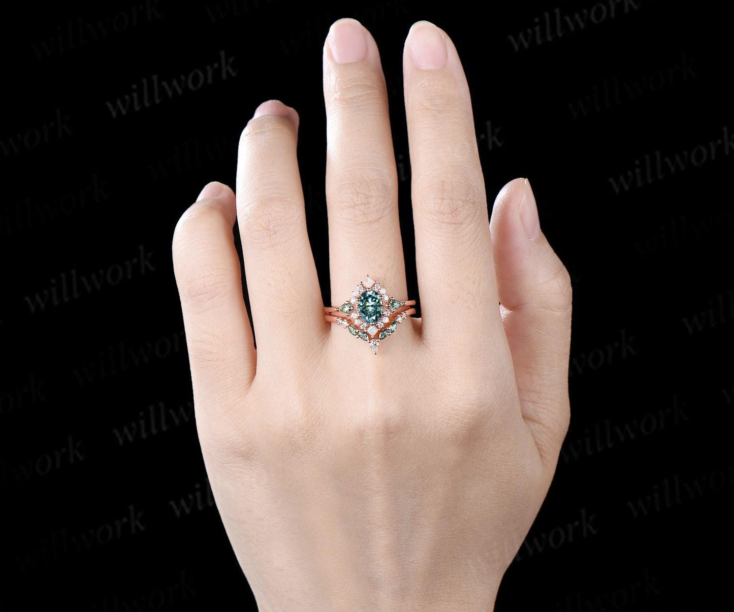 Oval green moissanite engagement ring 14k rose gold kite moss agate square opal halo unique bridal wedding ring set women silver