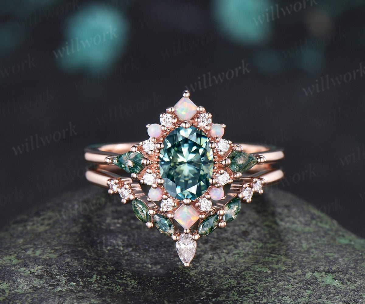 Oval green moissanite engagement ring 14k rose gold kite moss agate square opal halo unique bridal wedding ring set women silver