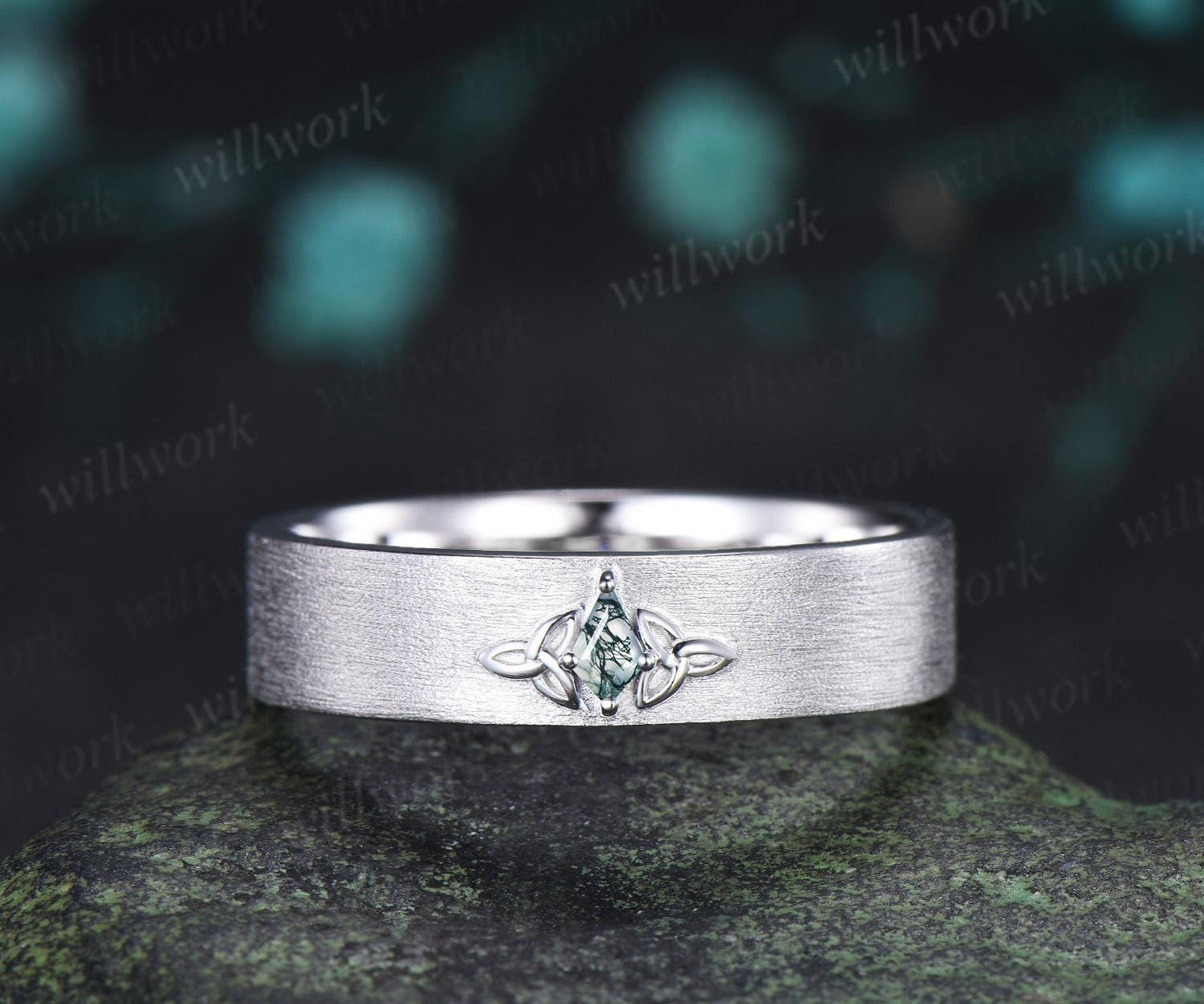Kite cut moss agate celtic knot wedding band mens brushed bridal ring 14k white gold retro anniversary gift silver