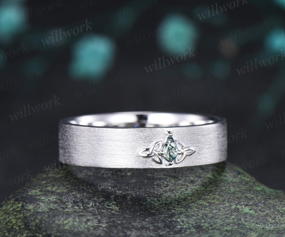 Kite cut moss agate celtic knot wedding band mens brushed bridal ring 14k white gold retro anniversary gift silver