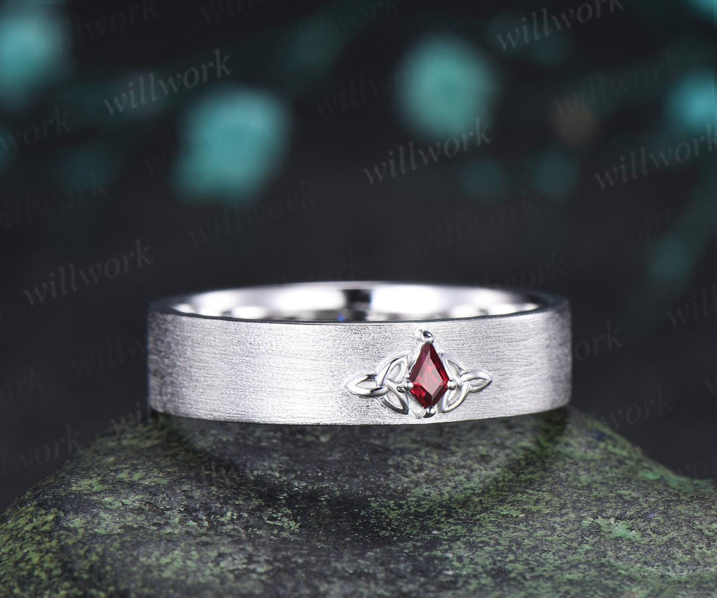Kite cut red ruby celtic knot wedding band mens brushed bridal ring 14k white gold retro anniversary gift silver