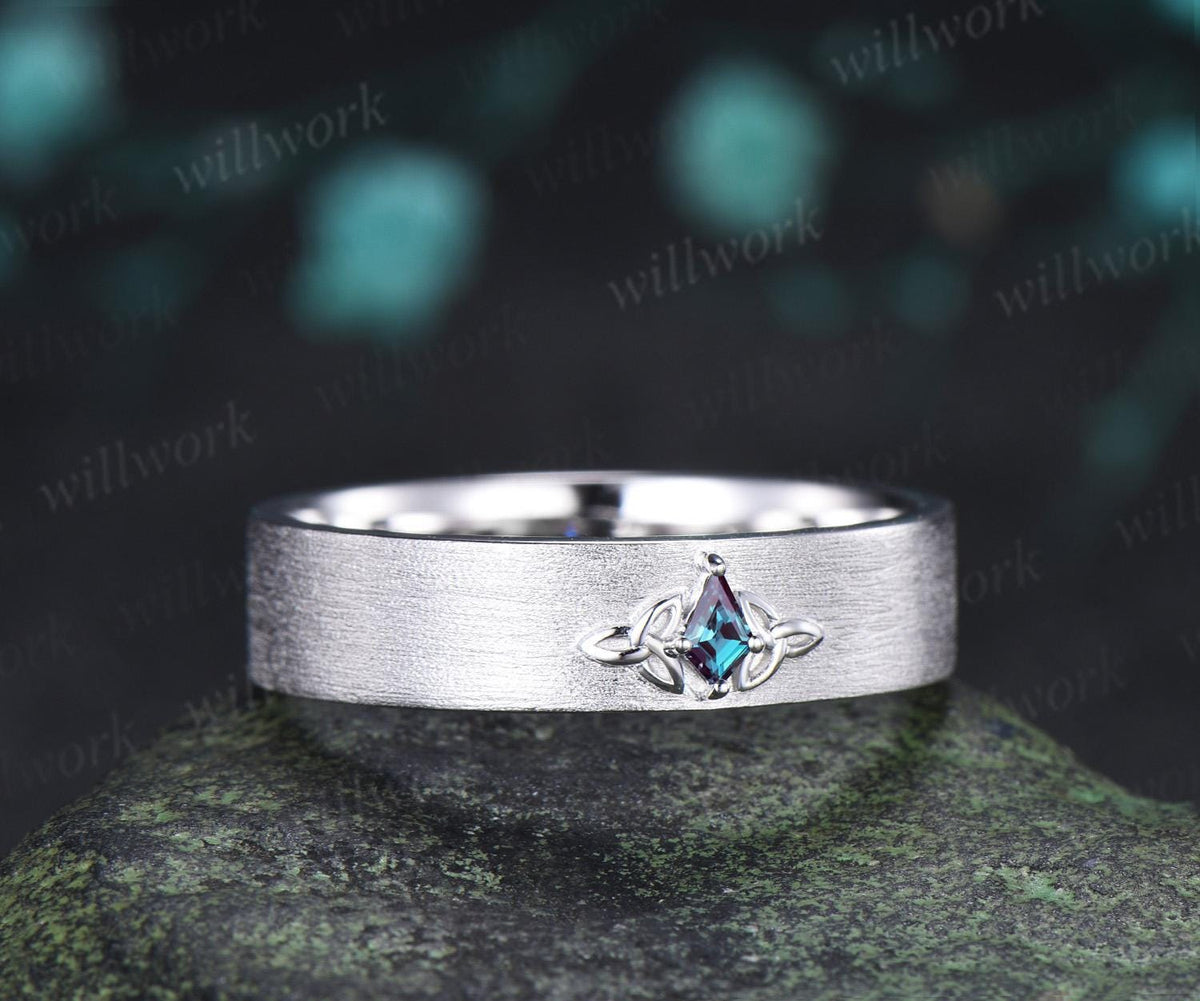Kite cut alexandrite celtic knot wedding band mens brushed bridal ring 14k white gold retro anniversary gift silver