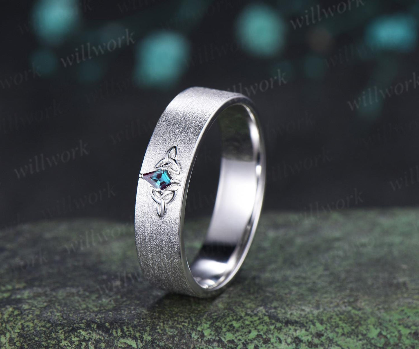 Kite cut alexandrite celtic knot wedding band mens brushed bridal ring 14k white gold retro anniversary gift silver