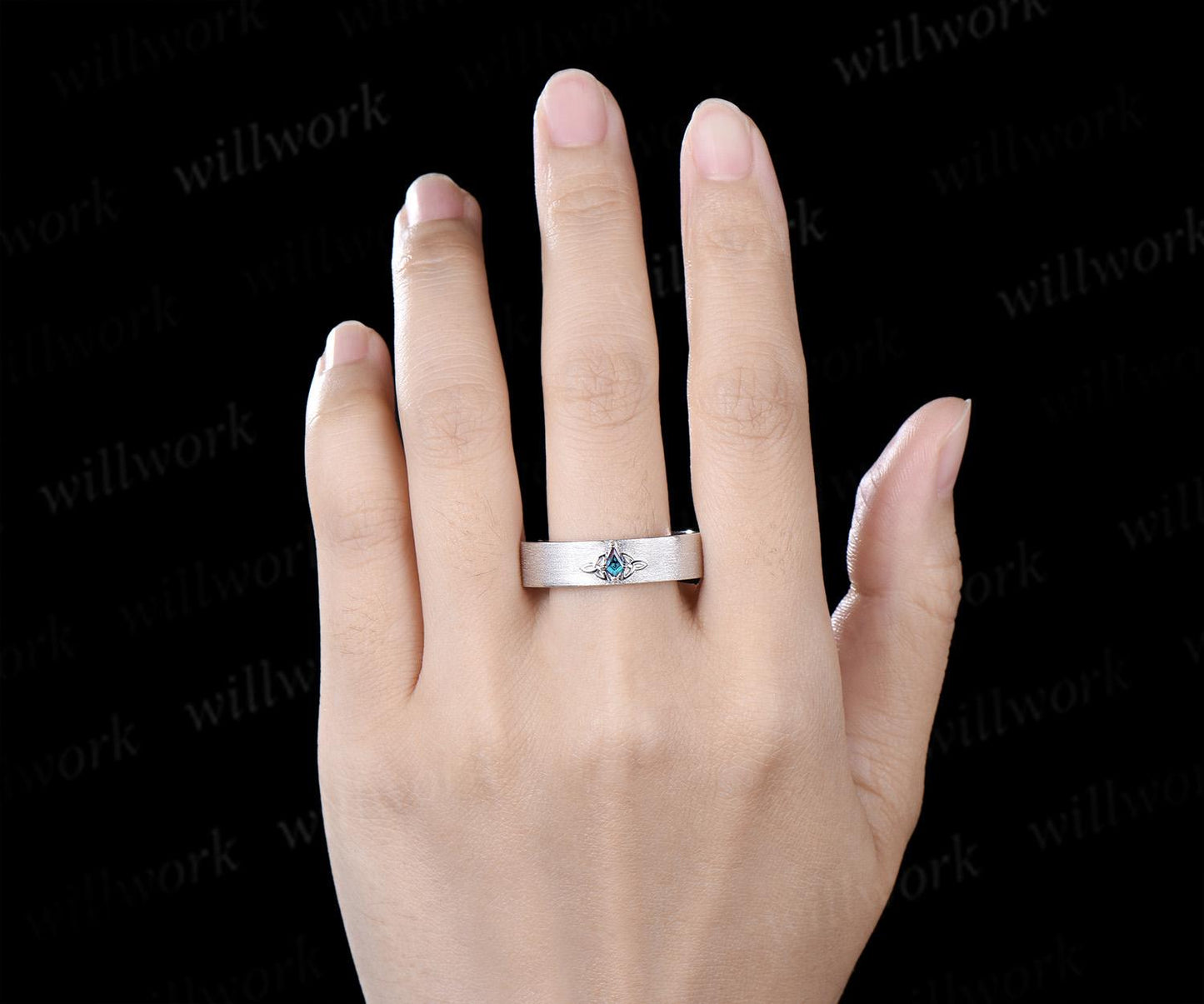 Kite cut alexandrite celtic knot wedding band mens brushed bridal ring 14k white gold retro anniversary gift silver
