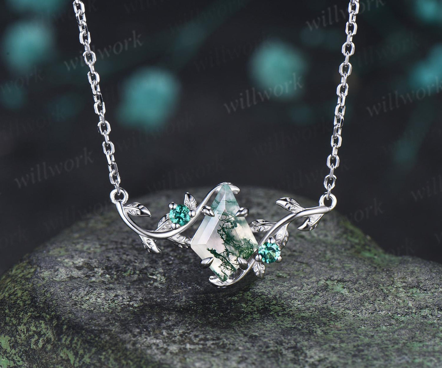 Kite green moss agate necklace vintage twisted leaf nature inspired three stone emerald unique pendant women anniversary bridal gift mother