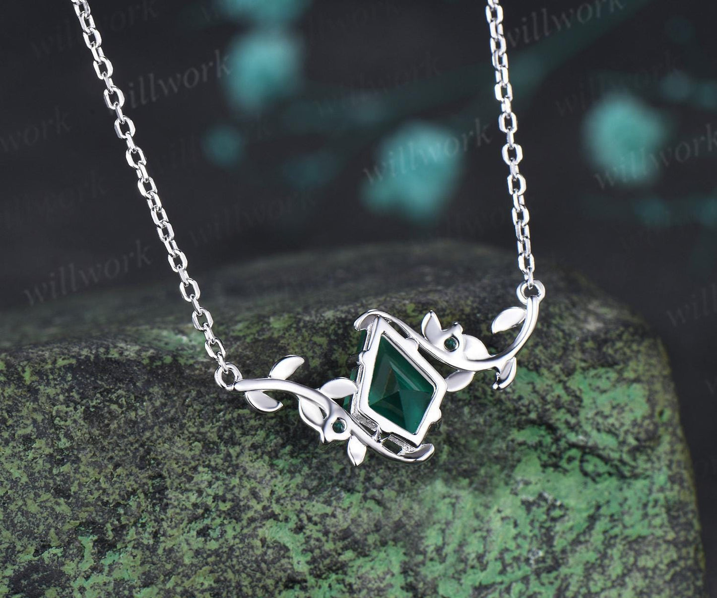 Kite cut green emerald necklace vintage twisted leaf nature inspired three stone unique pendant women anniversary bridal gift mother