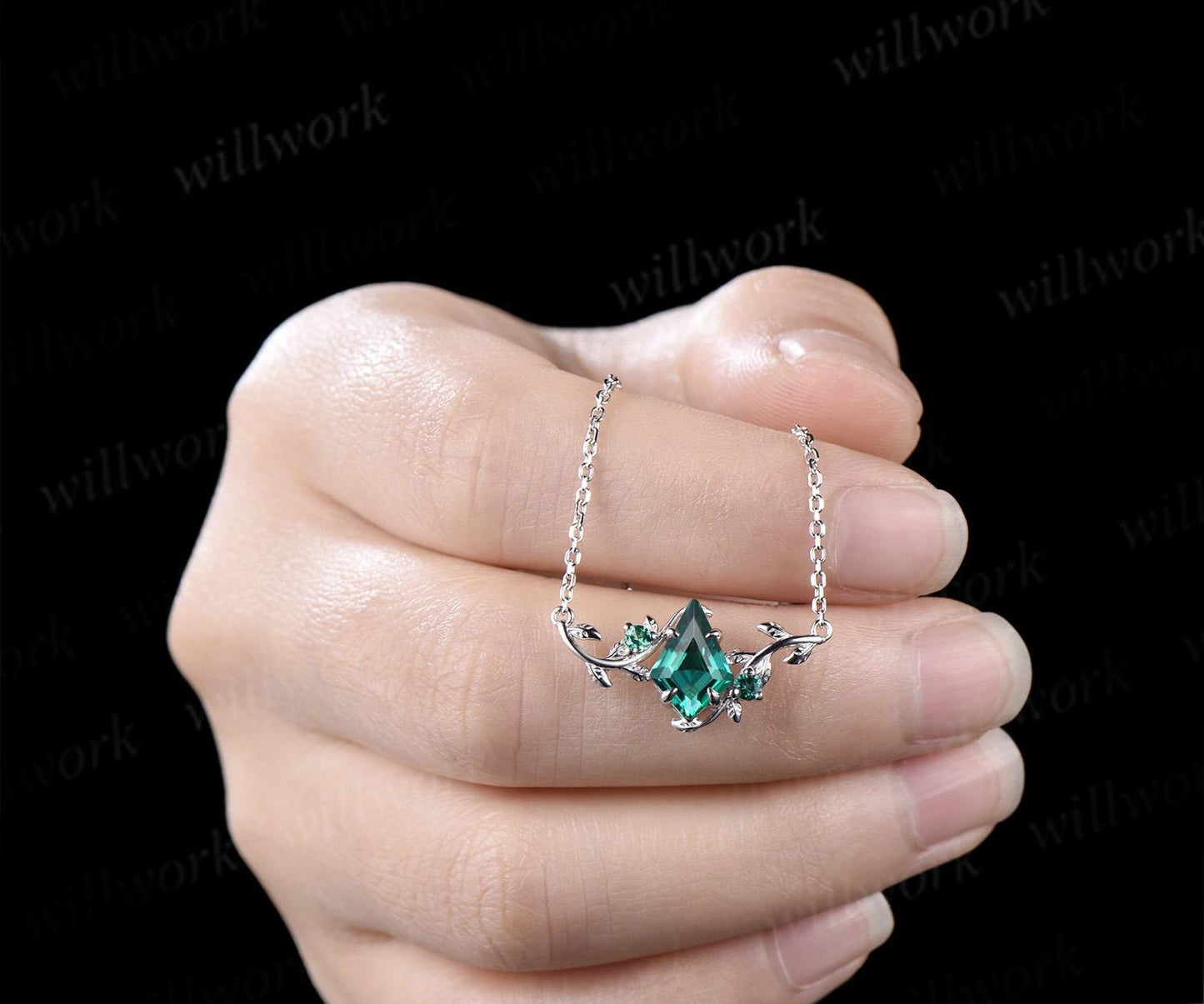 Kite cut green emerald necklace vintage twisted leaf nature inspired three stone unique pendant women anniversary bridal gift mother