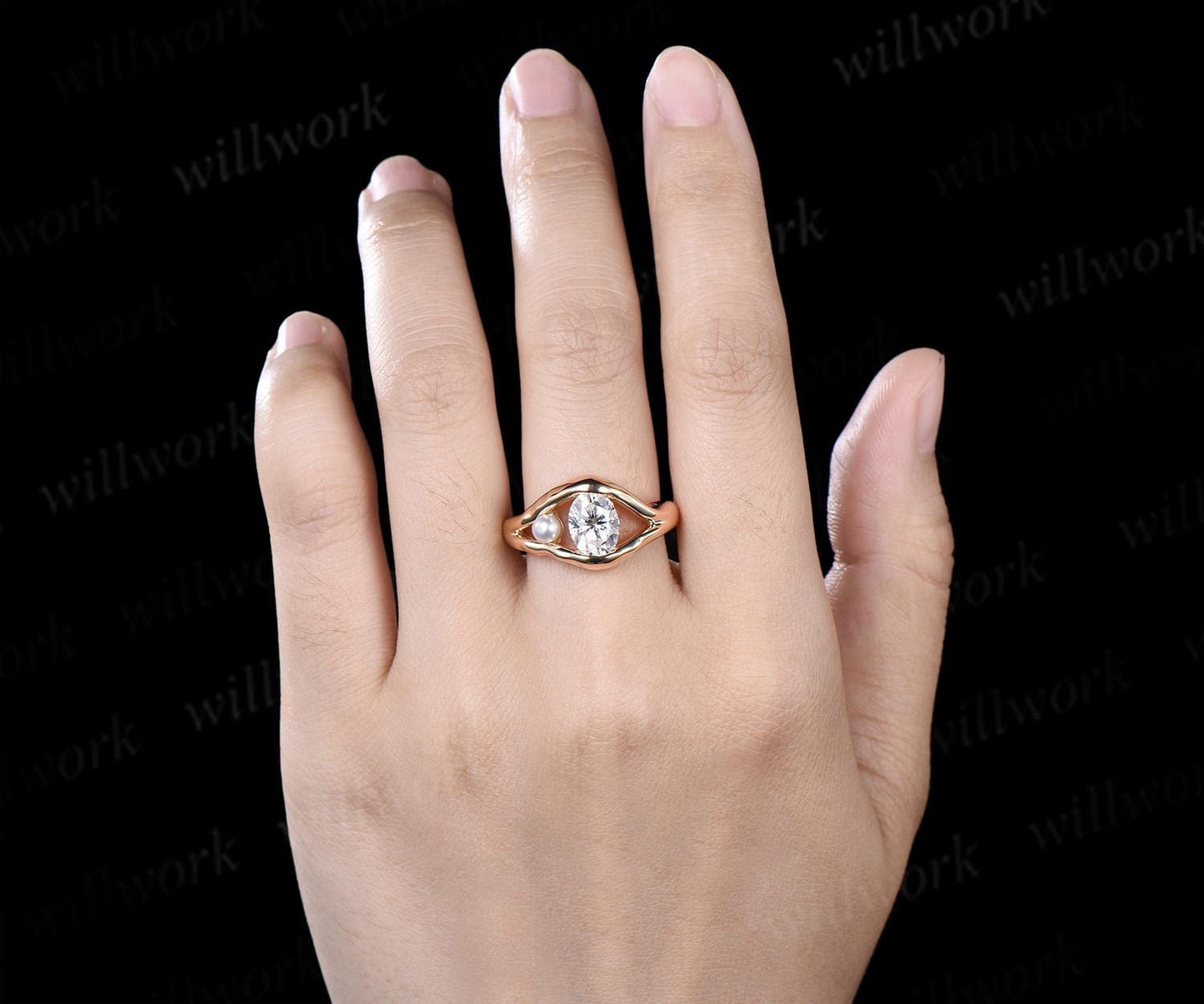 Vintage oval cut moissanite pearl unique engagement ring solid 14k yellow gold anniversary wedding ring women gift
