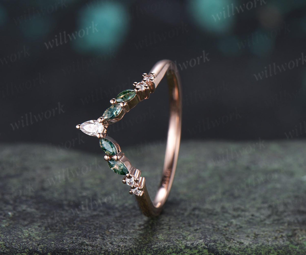 Marquise moss agate curved wedding band 14k rose gold pear moissanite matching stacking bridal wedding ring women gift