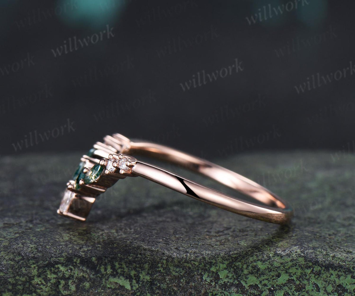 Marquise moss agate curved wedding band 14k rose gold pear moissanite matching stacking bridal wedding ring women gift
