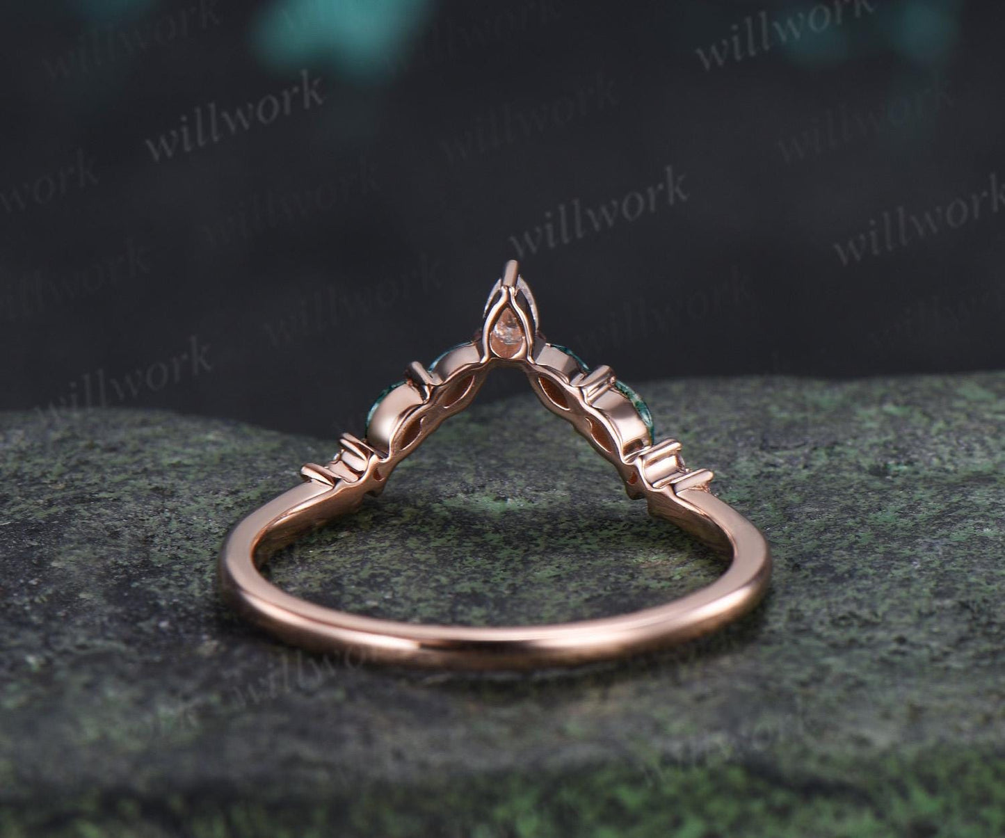 Marquise moss agate curved wedding band 14k rose gold pear moissanite matching stacking bridal wedding ring women gift